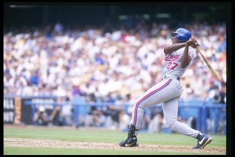 11 May 1997:  Outfielder Vladimir Guerrero of the Montreal Expos swings at the ball during a game against the Los Angeles Dodgers at Dodger Stadium in Los Angeles, California.  The Expos won the game 6-3. Mandatory Credit: Jose L. Marin  /Allsport