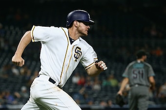 SAN DIEGO, CA - SEPTEMBER 20:  Wil Myers #4 of the San Diego Padres runs to first base during a game against the Arizona Diamondbacks at PETCO Park on September 20, 2016 in San Diego, California.  (Photo by Sean M. Haffey/Getty Images)