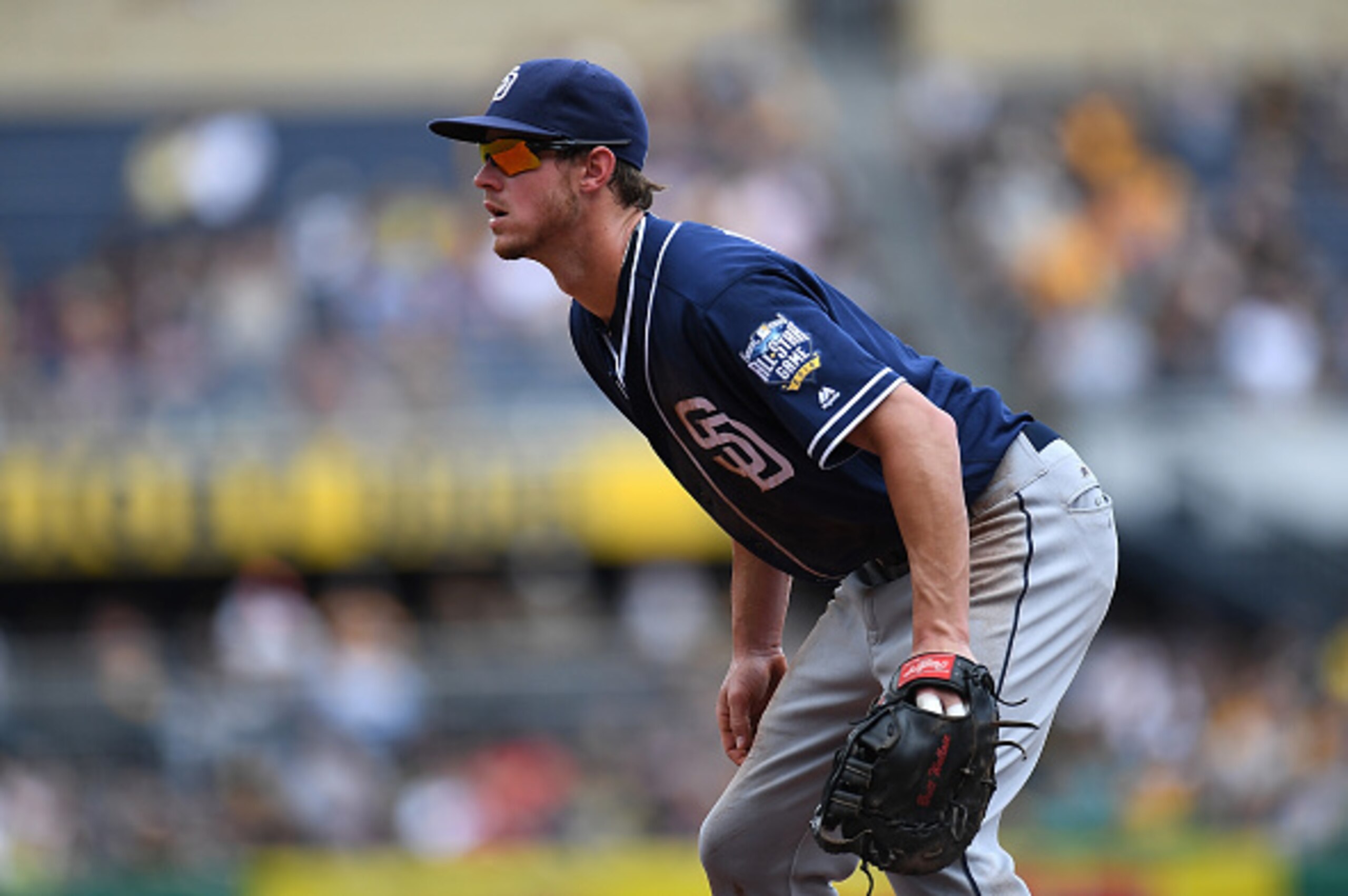 PITTSBURGH, PA - AUGUST 11:  Wil Myers #4 of the San Diego Padres plays the field during the game against the Pittsburgh Pirates on August 11, 2016 at PNC Park in Pittsburgh, Pennsylvania.  (Photo by Joe Sargent/Getty Images) *** Local Caption ***