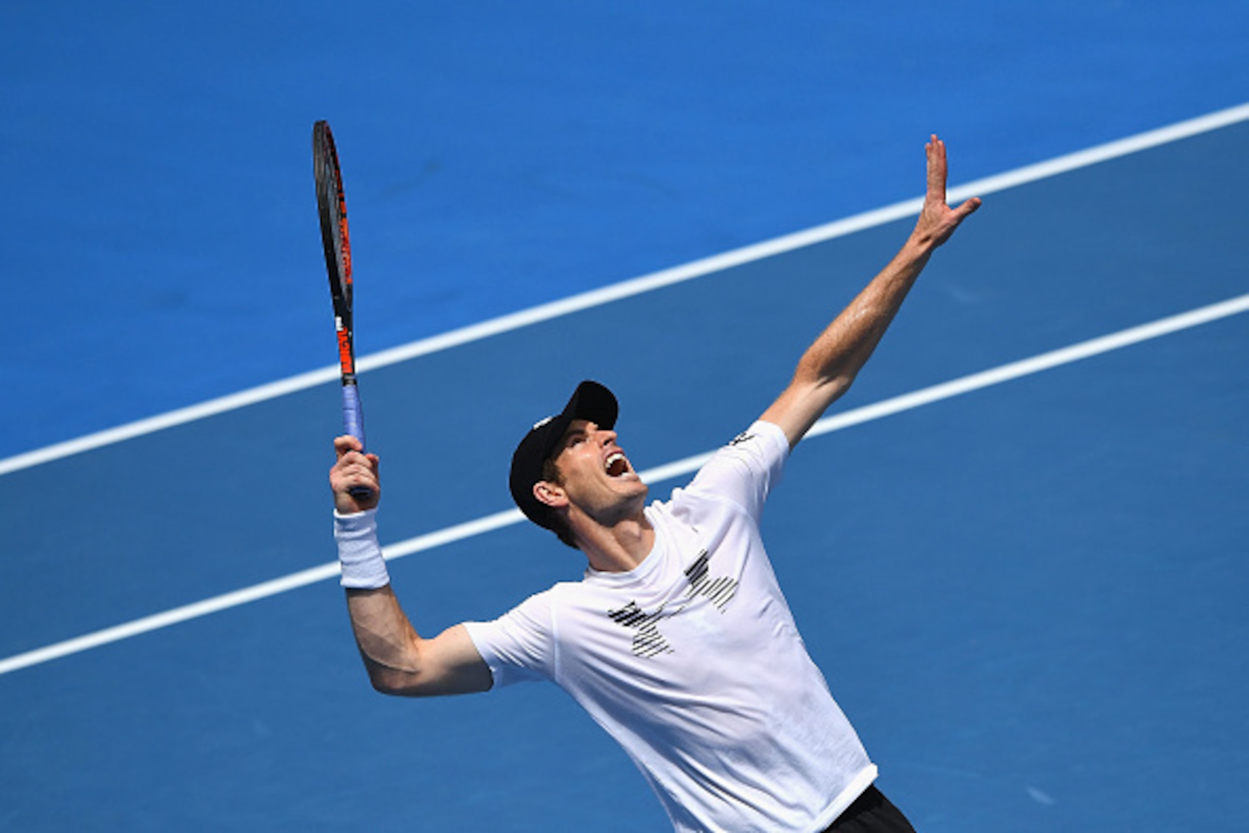 MELBOURNE, AUSTRALIA - JANUARY 14:  Andy Murray of Scotland serves during a practice session ahead of the 2017 Australian Open at Melbourne Park on January 14, 2017 in Melbourne, Australia.  (Photo by Quinn Rooney/Getty Images)