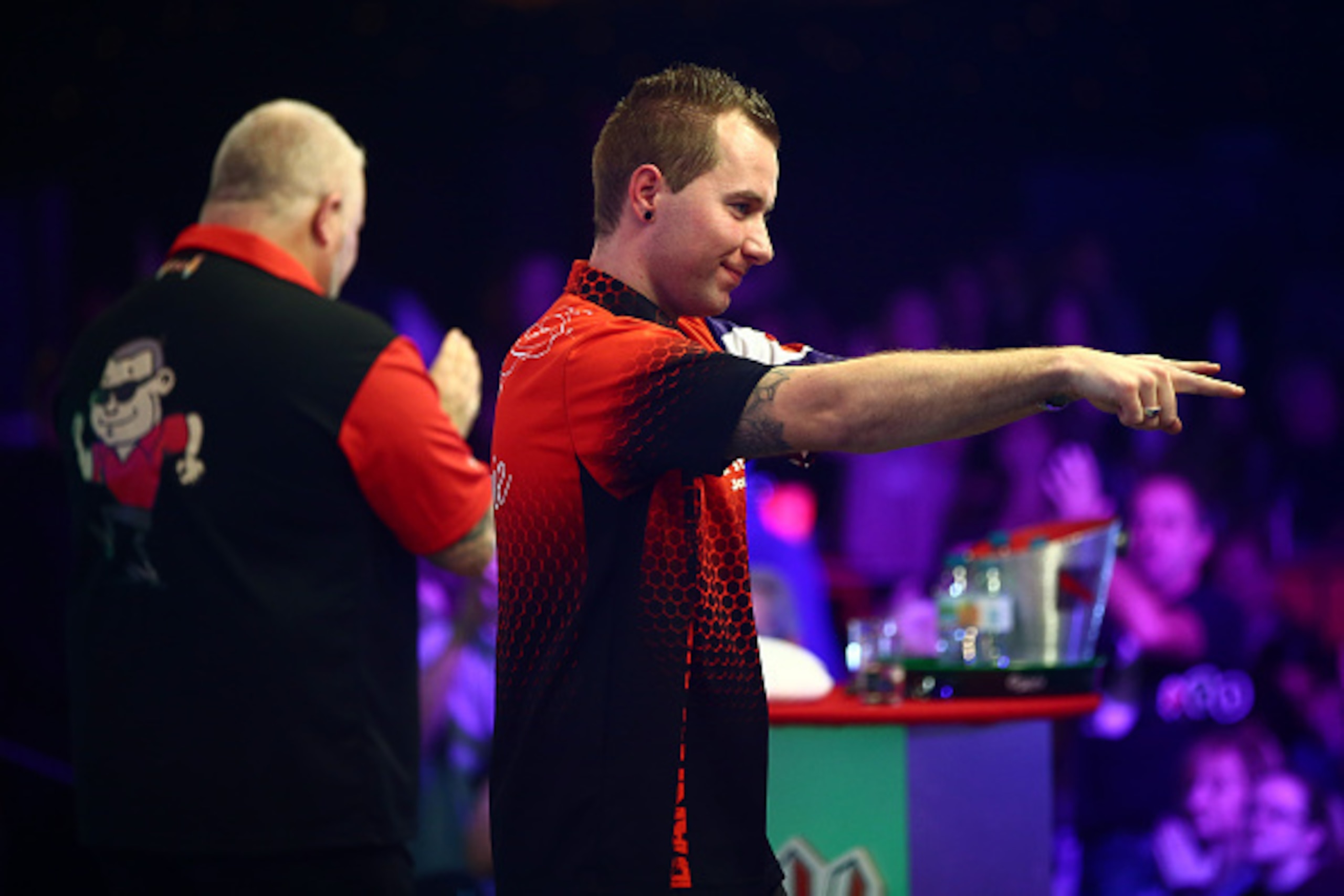 FRIMLEY, ENGLAND - JANUARY 14: Danny Noppert of the Netherlands celebrates victory in his semi-final match against Darryl Fitton of England on Day Eight of the BDO Lakeside World Professional Darts Championships at the Lakeside Country Club on January 14 FRIMLEY, ENGLAND - JANUARY 14: Danny Noppert of the Netherlands celebrates victory in his semi-final match against Darryl Fitton of England on Day Eight of the BDO Lakeside World Professional Darts Championships at the Lakeside Country Club on January 14