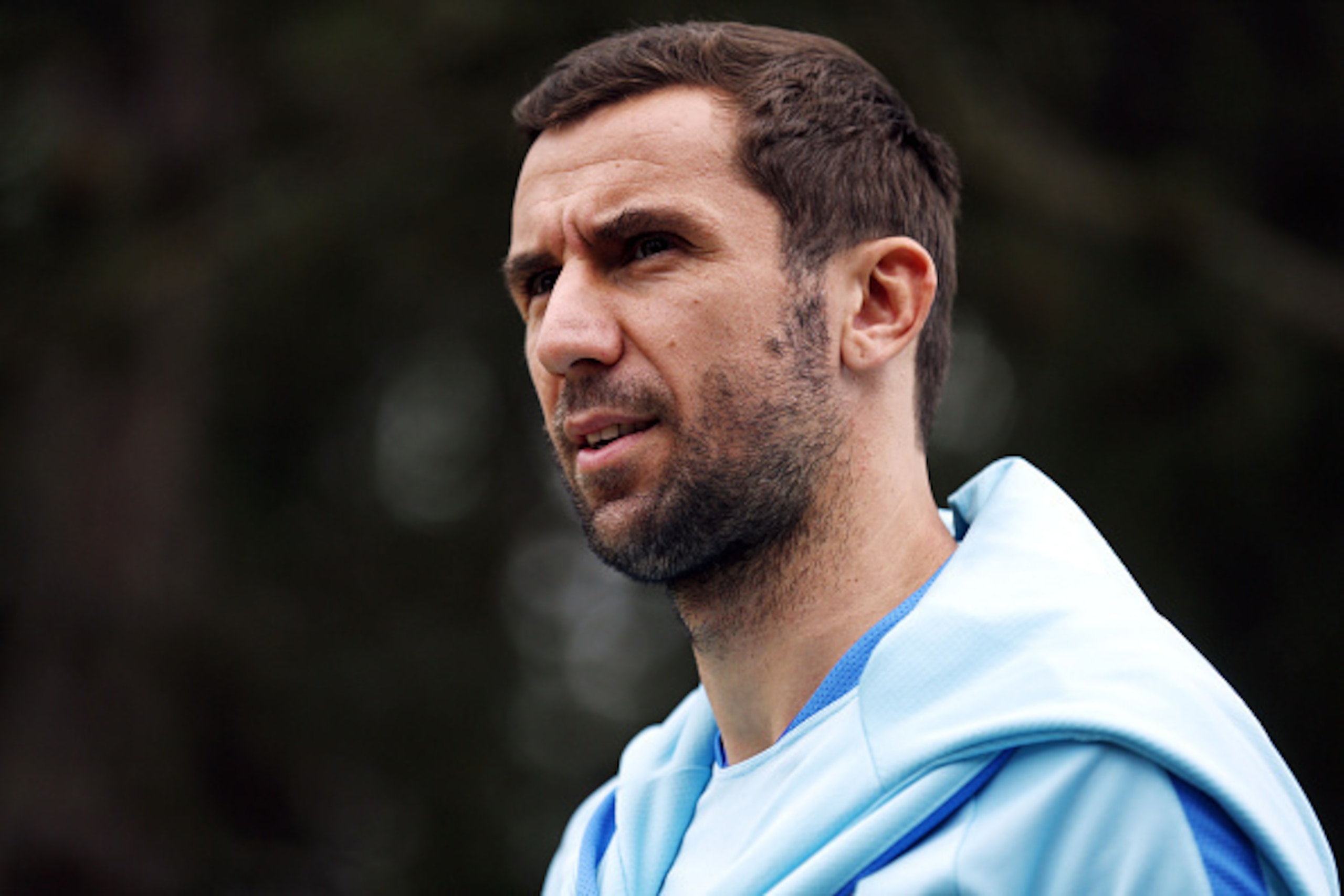 Croatia's defender and captain Darijo Srna arrives to take part in a training session in Deauville on June 23, 2016, during the Euro 2016 football tournament.  / AFP / CHARLY TRIBALLEAU        (Photo credit should read CHARLY TRIBALLEAU/AFP/Getty Images)