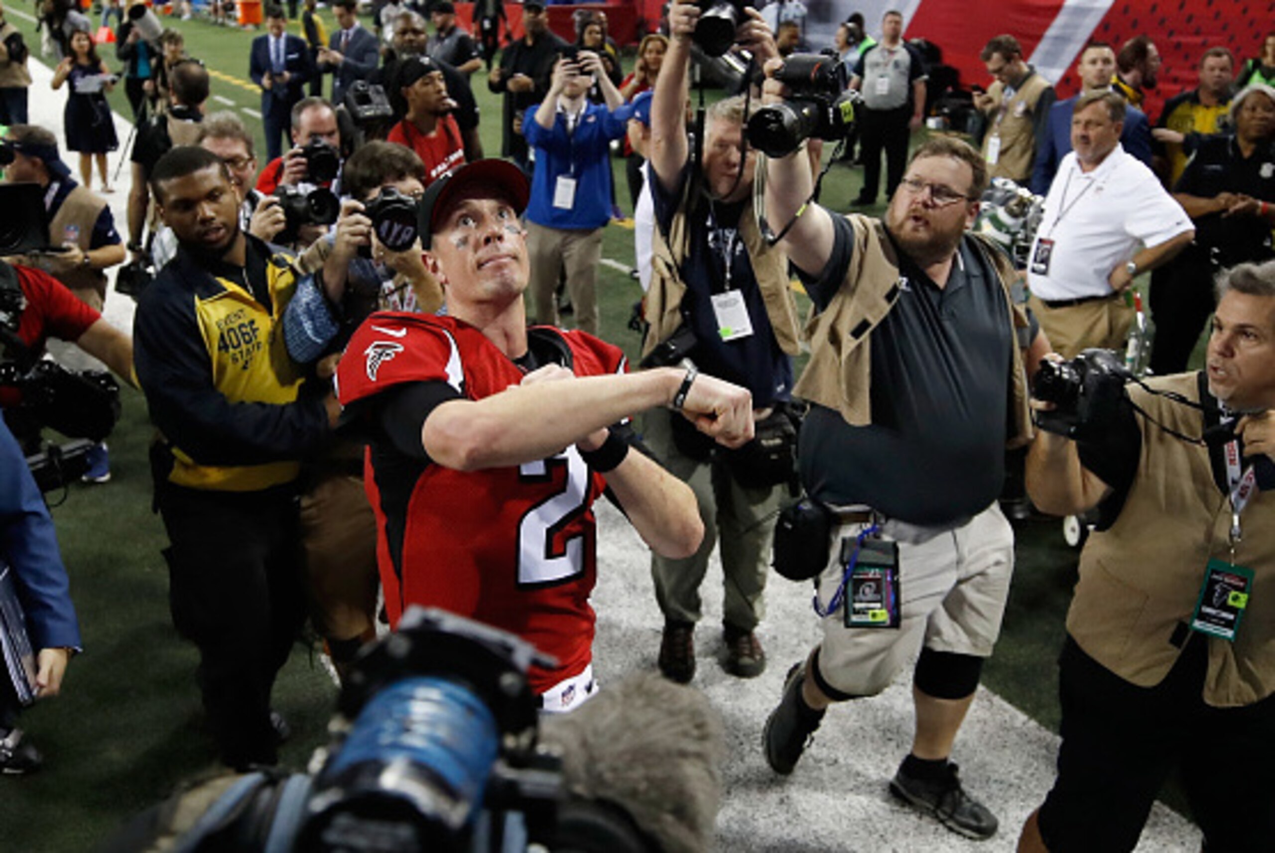ATLANTA, GA - JANUARY 14:  Matt Ryan #2 of the Atlanta Falcons reacts after beating the Seattle Seahawks at the Georgia Dome on January 14, 2017 in Atlanta, Georgia.  (Photo by Gregory Shamus/Getty Images)