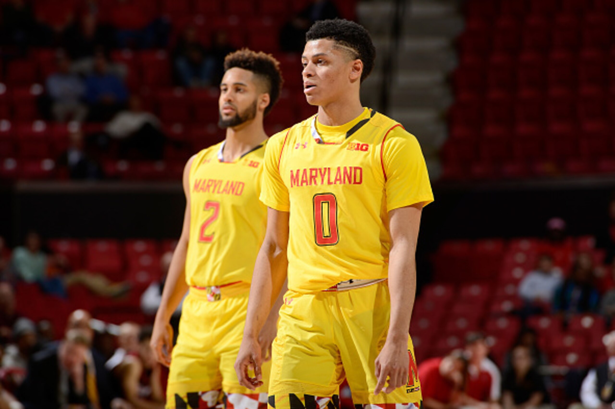 COLLEGE PARK, MD - DECEMBER 12: Anthony Cowan #0 and Melo Trimble #2 of the Maryland Terrapins rest during a break in the game against the Jacksonville State Gamecocks at Xfinity Center on December 12, 2016 in College Park, Maryland.   (Photo by G Fiume/M