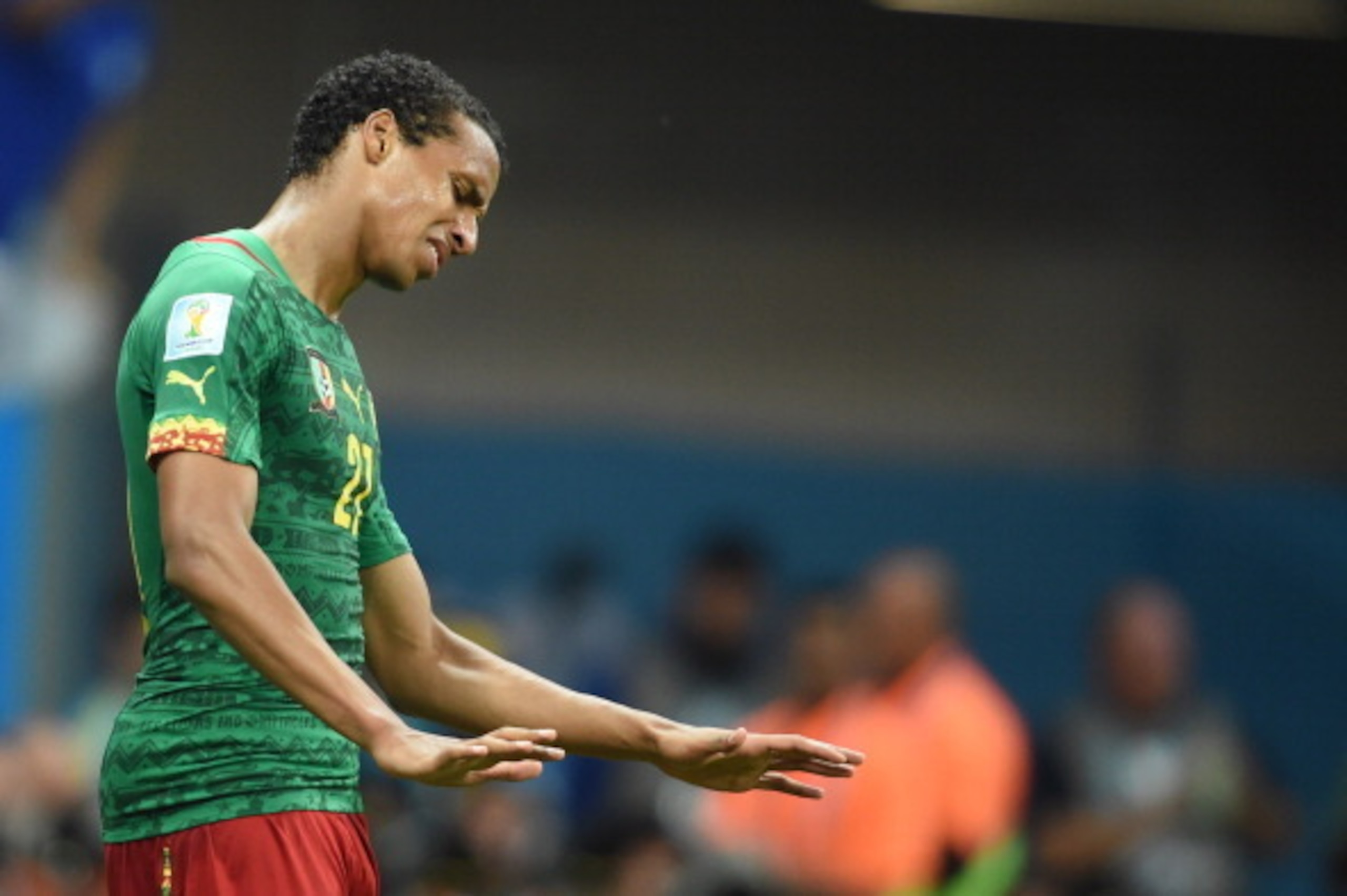 Cameroon's midfielder Joel Matip reacts during a Group A football match between Cameroon and Brazil at the Mane Garrincha National Stadium in Brasilia during the 2014 FIFA World Cup on June 23, 2014.           AFP PHOTO / FRANCOIS XAVIER MARIT        (Pho