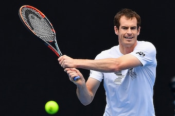 MELBOURNE, AUSTRALIA - JANUARY 15:  Andy Murray of Scotland plays a backhand during a practice session ahead of the 2017 Australian Open at Melbourne Park on January 15, 2017 in Melbourne, Australia.  (Photo by Quinn Rooney/Getty Images)