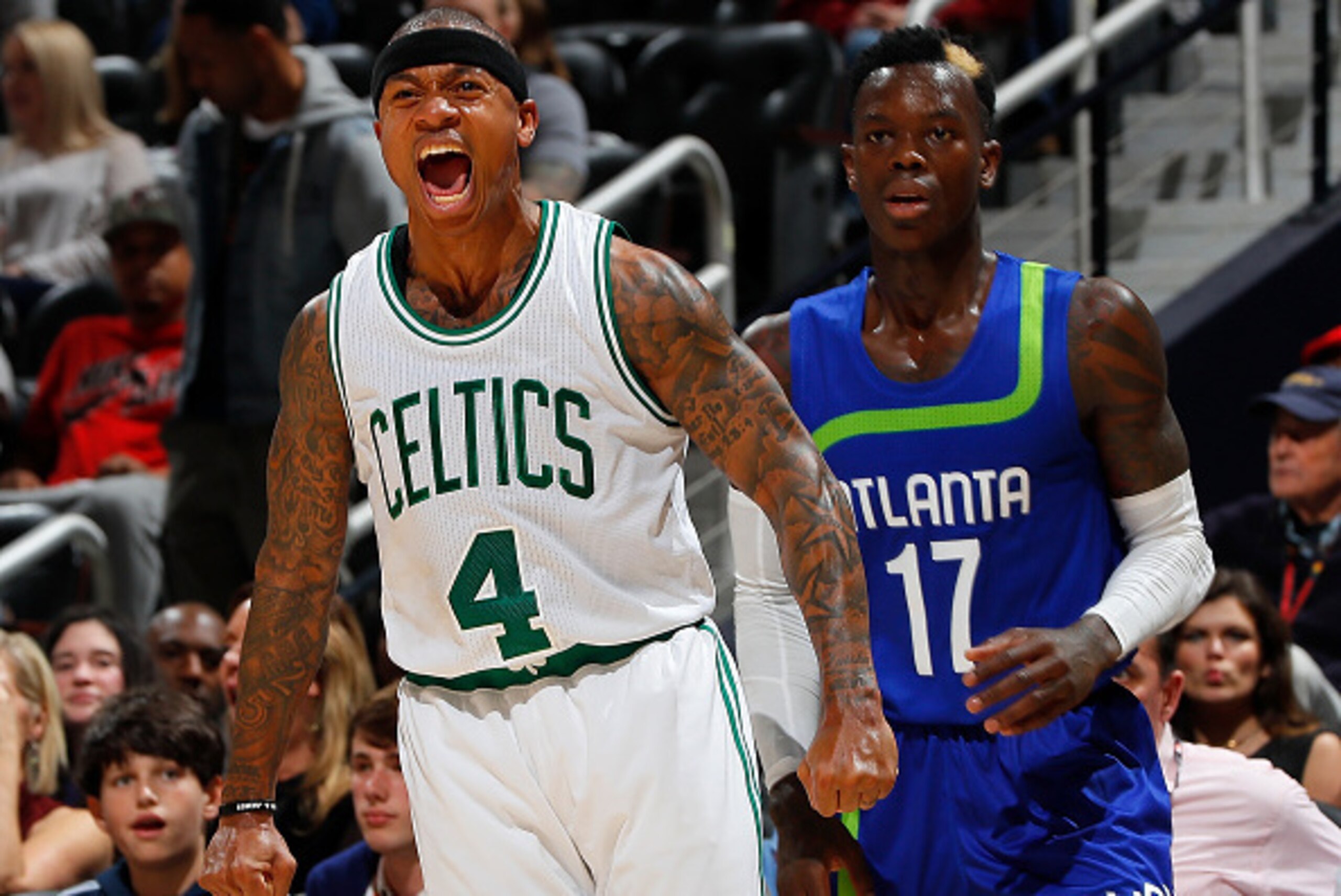 ATLANTA, GA - JANUARY 13:  Isaiah Thomas #4 of the Boston Celtics reacts after hitting a three-point basket against the Dennis Schroder #17 of the Atlanta Hawks at Philips Arena on January 13, 2017 in Atlanta, Georgia.  NOTE TO USER User expressly acknowl