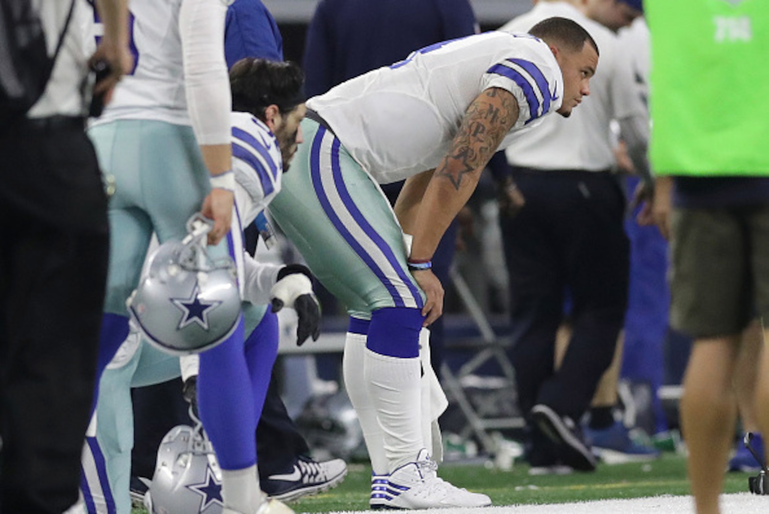 ARLINGTON, TX - JANUARY 15:  Dak Prescott #4 of the Dallas Cowboys reacts after losing to the Green Bay Packers in the NFC Divisional Playoff game at AT&T Stadium on January 15, 2017 in Arlington, Texas.  (Photo by Ronald Martinez/Getty Images)