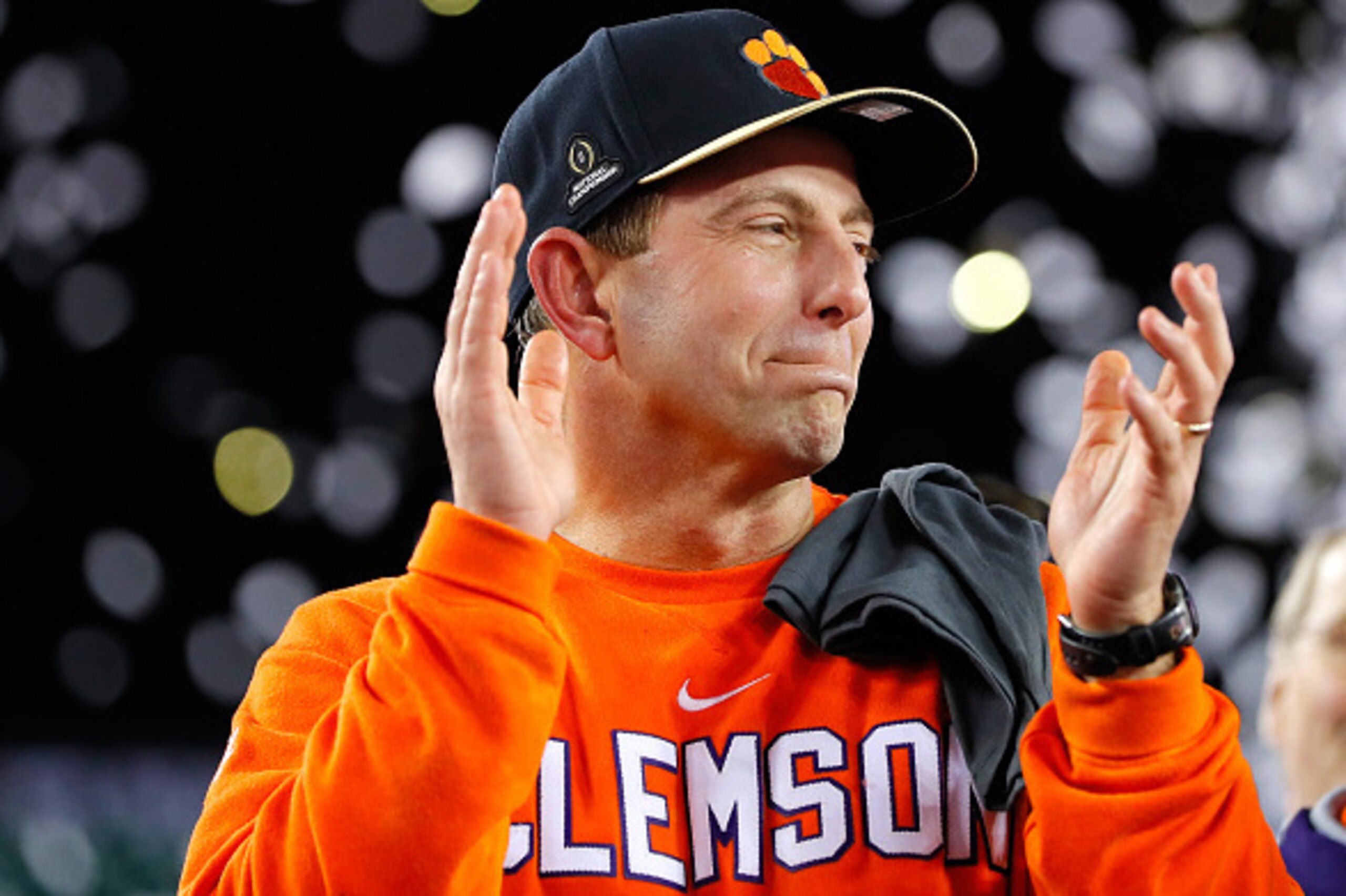 TAMPA, FL - JANUARY 09:  Head coach Dabo Swinney of the Clemson Tigers reacts after defeating the Alabama Crimson Tide 35-31 to win the 2017 College Football Playoff National Championship Game at Raymond James Stadium on January 9, 2017 in Tampa, Florida.