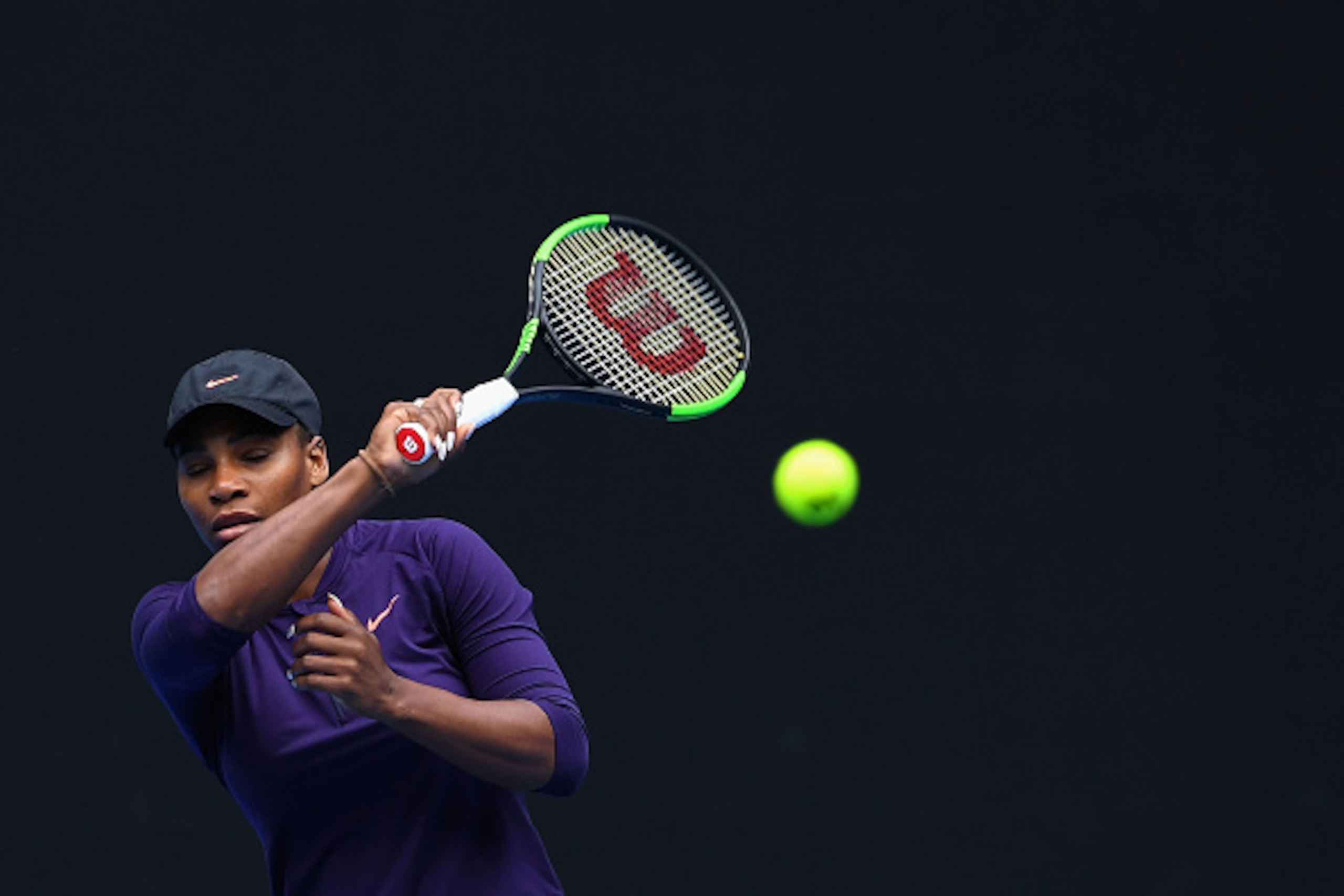 MELBOURNE, AUSTRALIA - JANUARY 15:  Serena Williams of the USA plays a forehand during a practice session ahead of the 2017 Australian Open at Melbourne Park on January 15, 2017 in Melbourne, Australia.  (Photo by Quinn Rooney/Getty Images)
