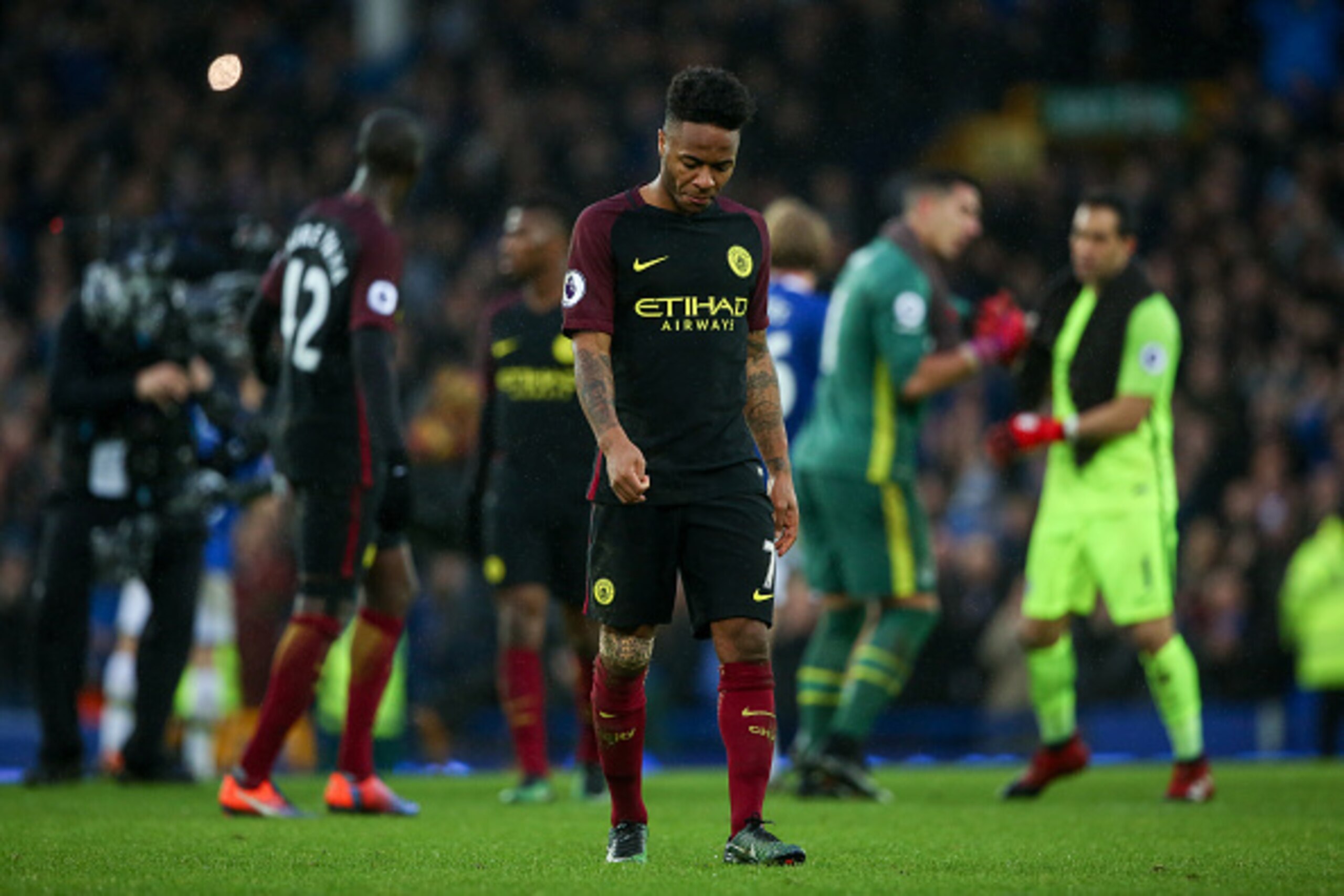 LIVERPOOL, ENGLAND - JANUARY 15: Raheem Sterling of Manchester City dejected  during the Premier League match between Everton and Manchester City at Goodison Park on January 15, 2017 in Liverpool, England. (Photo by Robbie Jay Barratt - AMA/Getty Images)