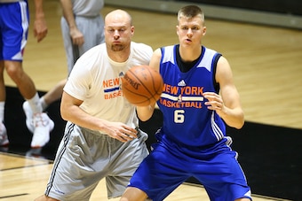 WEST POINT, NY - SEPTEMBER 30:  Kristaps Porzingis #6 of the New York Knicks participates at practice on September 30, 2015 at West Point. NOTE TO USER: User expressly acknowledges and agrees that, by downloading and or using this photograph, User is cons