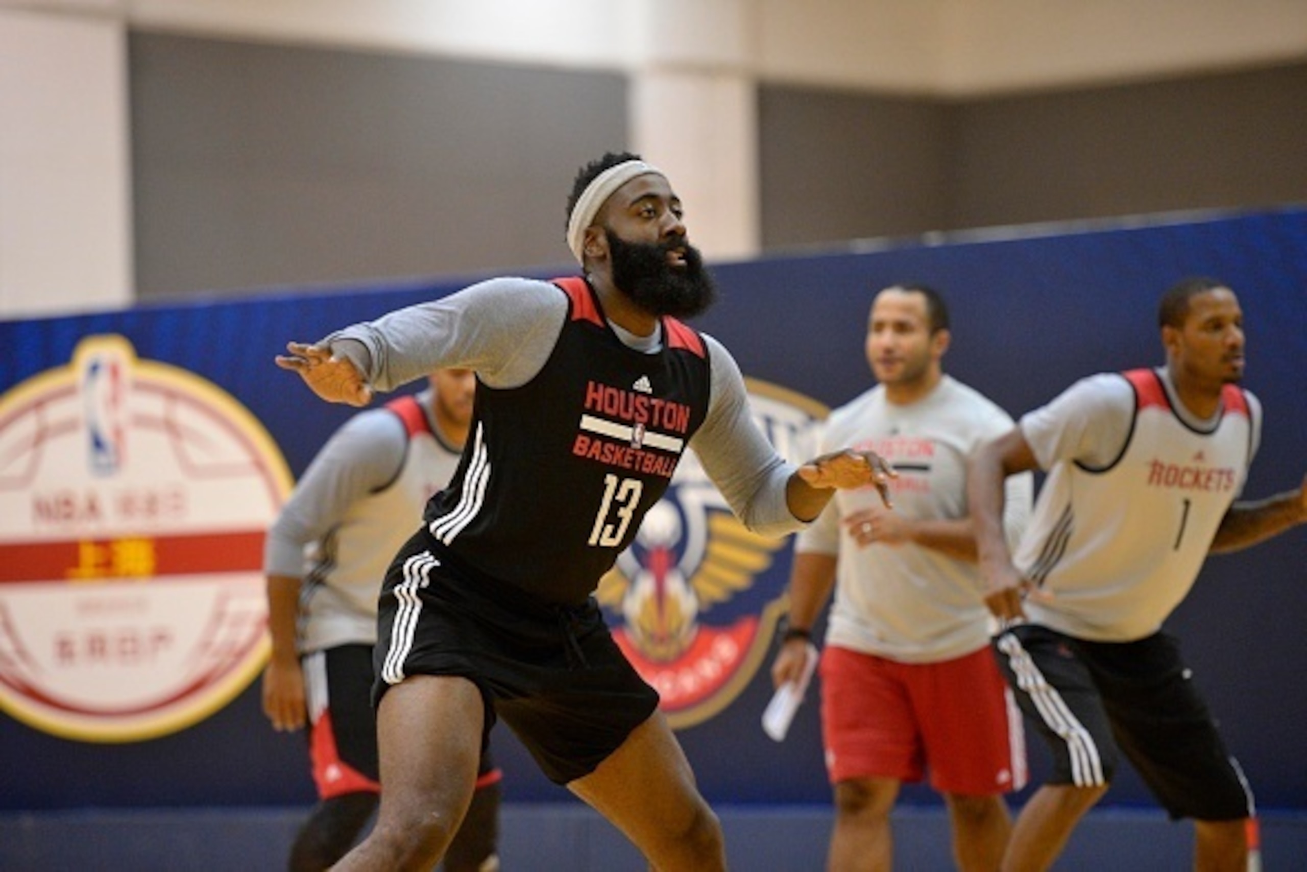 SHANGHAI, CHINA - OCTOBER 7: James Harden of the Houston Rockets warms up for practice as part of the 2016 Global Games - China at Oriental Sports Center on October 7, 2016 in Shanghai, China. NOTE TO USER: User expressly acknowledges and agrees that, by 