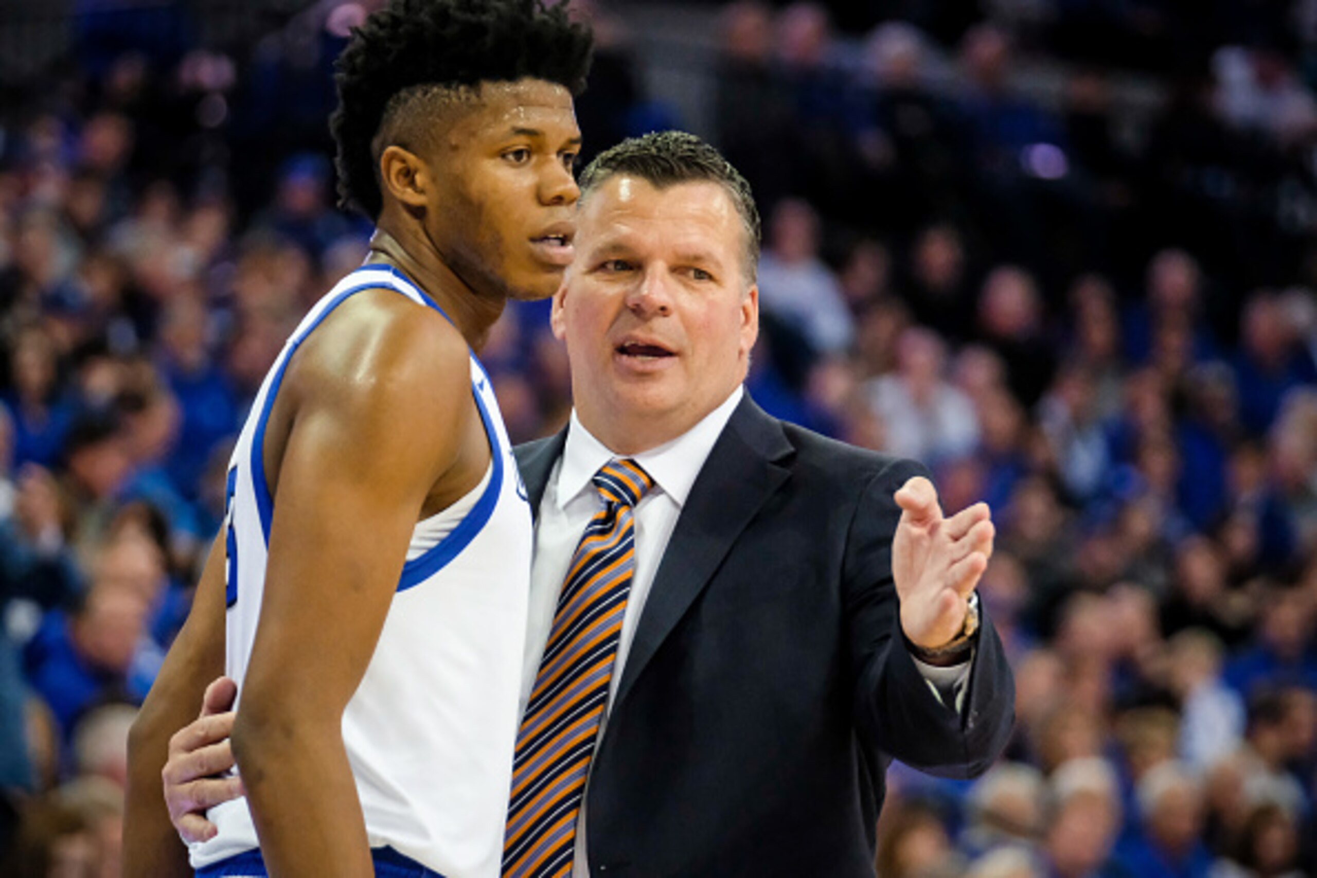OMAHA, NEBRASKA-DECEMBER 31: Justin Patton #23 of the Creighton Bluejays listens to head coach Greg McDermott of the Creighton Bluejays during their game at the CenturyLink Center on December 31, 2016 in Omaha, Nebraska. (Photo by Eric Francis/Getty Image