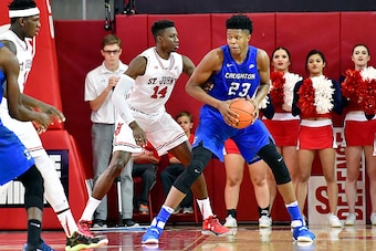 NEW YORK, NY - JANUARY 04: Justin Patton #23 of the Creighton Bluejays is defended by Kassoum Yakwe #14 of the St. John's Red Storm at Carnesecca Arena on January 4, 2017 in New York City.  (Photo by Steven Ryan/Getty Images)