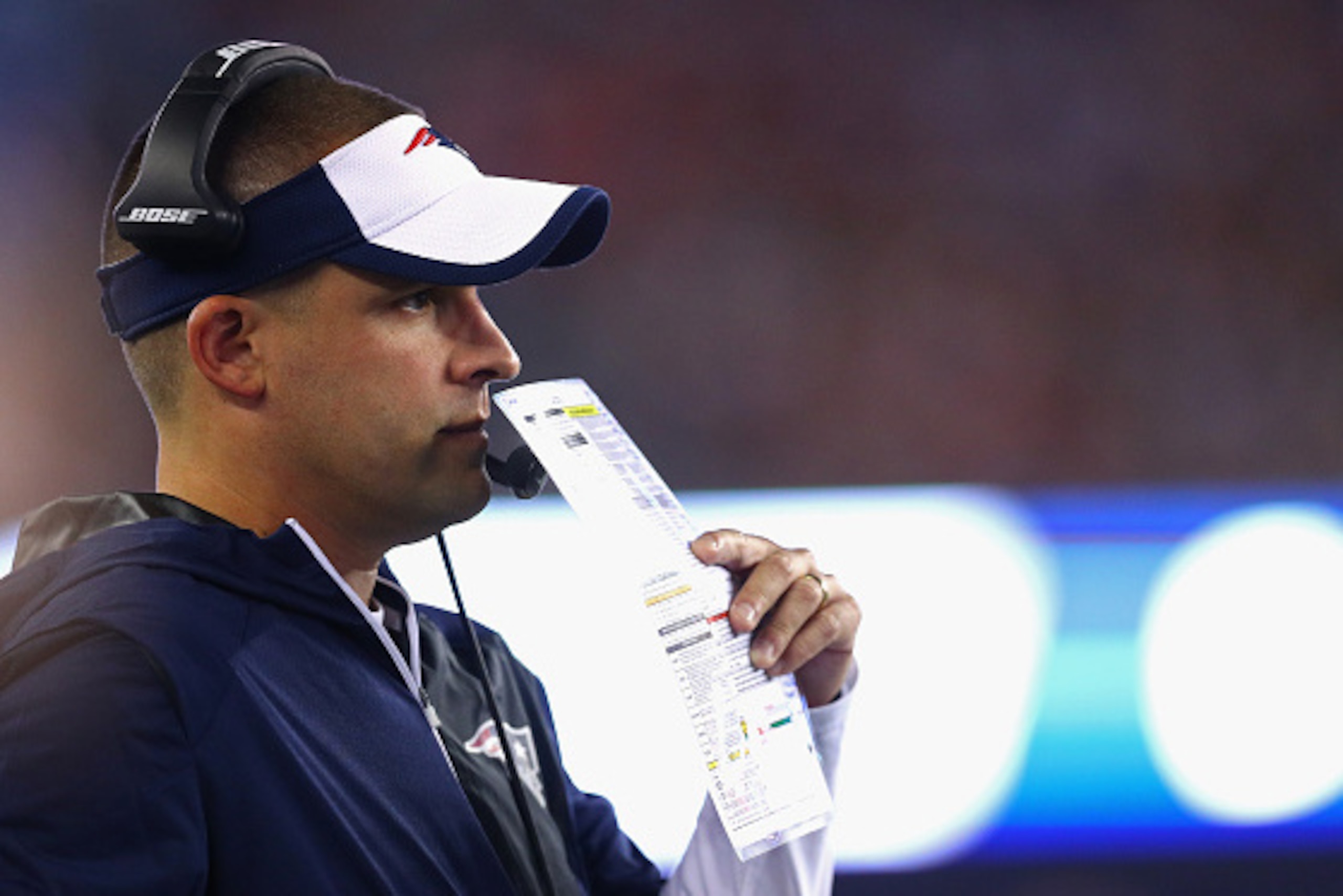 FOXBORO, MA - SEPTEMBER 22:  New England Patriots offensive coordinator Josh McDaniels looks on during the game against the Houston Texans at Gillette Stadium on September 22, 2016 in Foxboro, Massachusetts.  (Photo by Maddie Meyer/Getty Images)