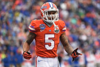 BIRMINGHAM, AL - JANUARY 03:  Jalen Tabor #5 of the Florida Gators reacts to an officials call during the Birmingham Bowl against the East Carolina Pirates at Legion Field on January 3, 2015 in Birmingham, Alabama.  Florida won the game 28-20.  (Photo by 