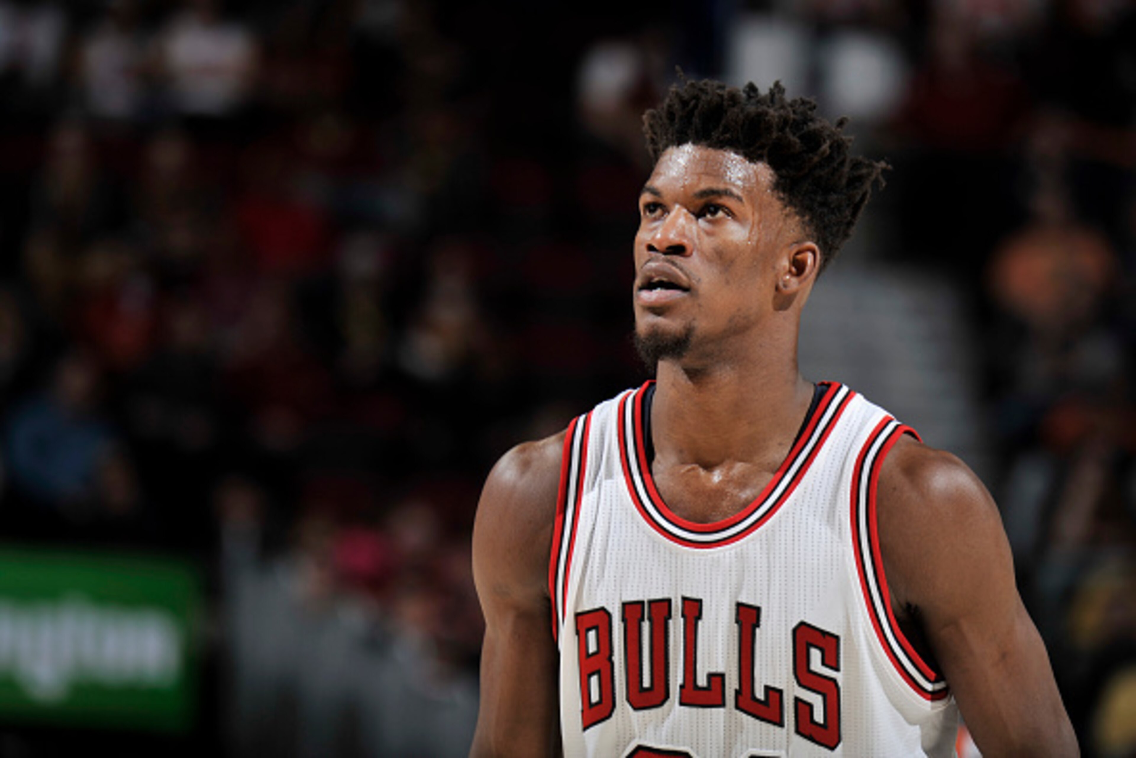 CLEVELAND, OH - JANUARY 4:  Jimmy Butler #21 of the Chicago Bulls looks on during a game against the Cleveland Cavaliers on January 4, 2017 at Quicken Loans Arena in Cleveland, Ohio. NOTE TO USER: User expressly acknowledges and agrees that, by downloadin