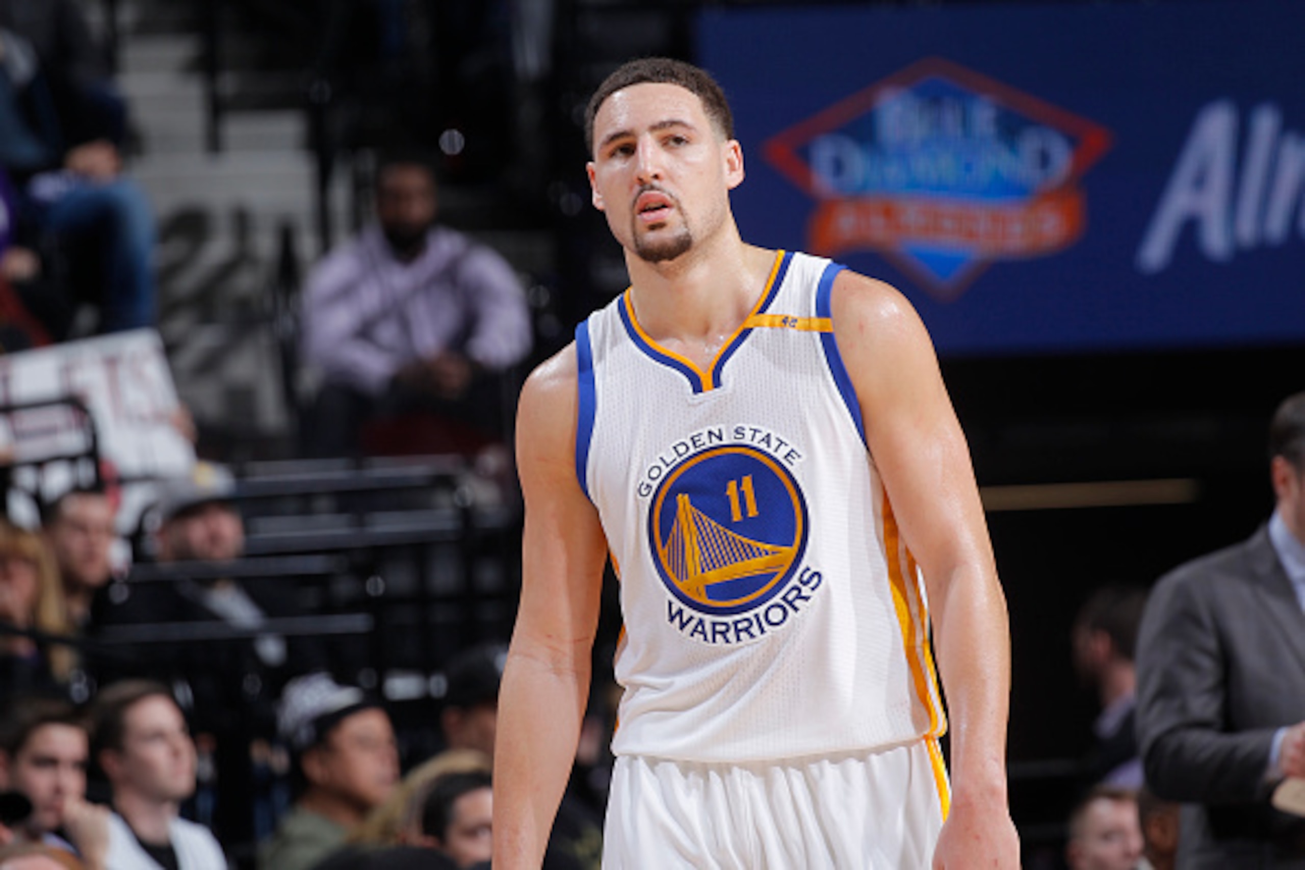 SACRAMENTO, CA - JANUARY 8: Klay Thompson #11 of the Golden State Warriors looks on during the game against the Sacramento Kings on January 8, 2017 at Golden 1 Center in Sacramento, California. NOTE TO USER: User expressly acknowledges and agrees that, by