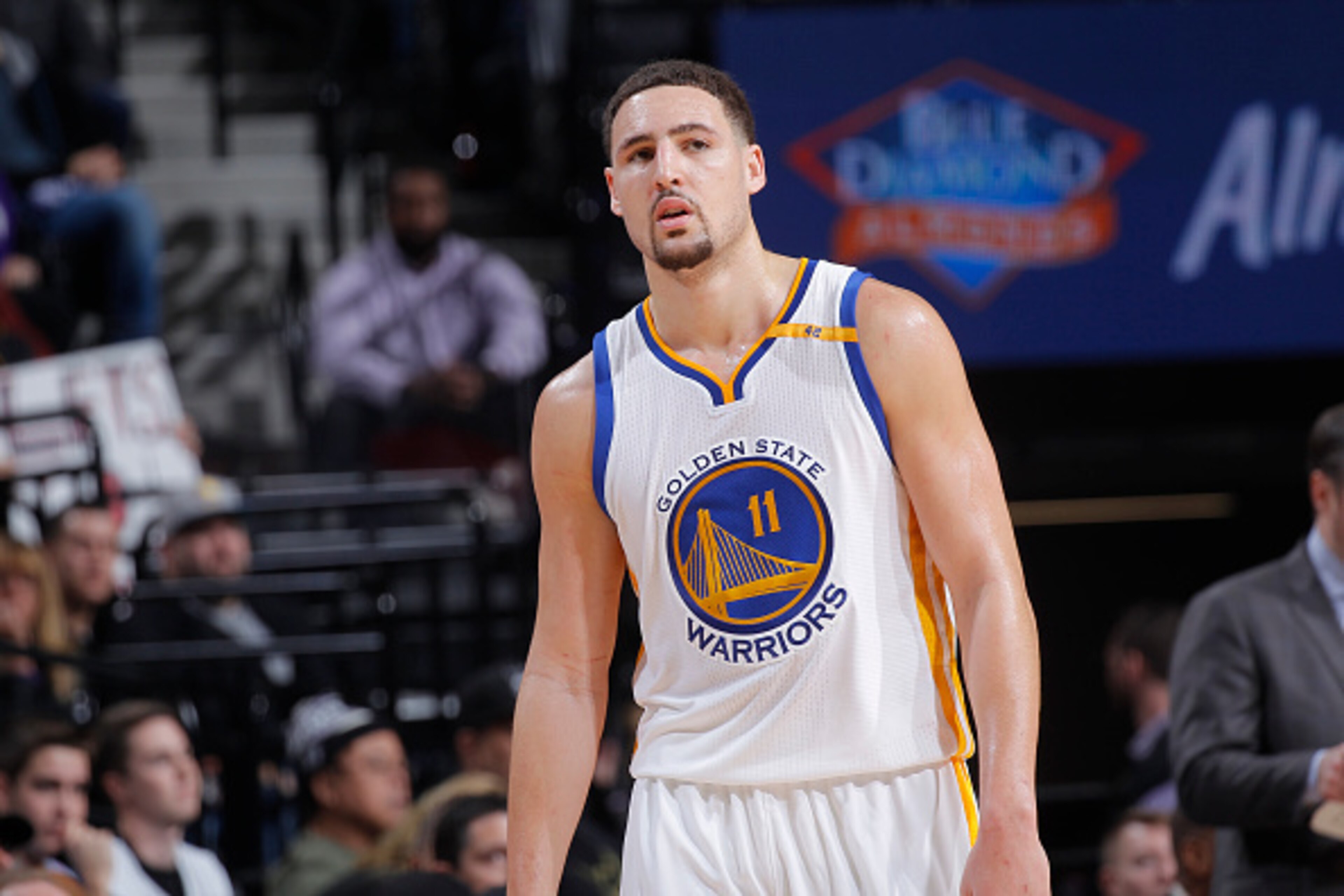 SACRAMENTO, CA - JANUARY 8: Klay Thompson #11 of the Golden State Warriors looks on during the game against the Sacramento Kings on January 8, 2017 at Golden 1 Center in Sacramento, California. NOTE TO USER: User expressly acknowledges and agrees that, by
