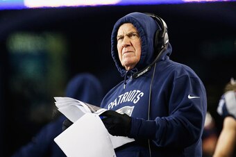 FOXBORO, MA - JANUARY 14:  Bill Belichick head coach of the New England Patriots looks on in the first half against the Houston Texans during the AFC Divisional Playoff Game at Gillette Stadium on January 14, 2017 in Foxboro, Massachusetts.  (Photo by Jim
