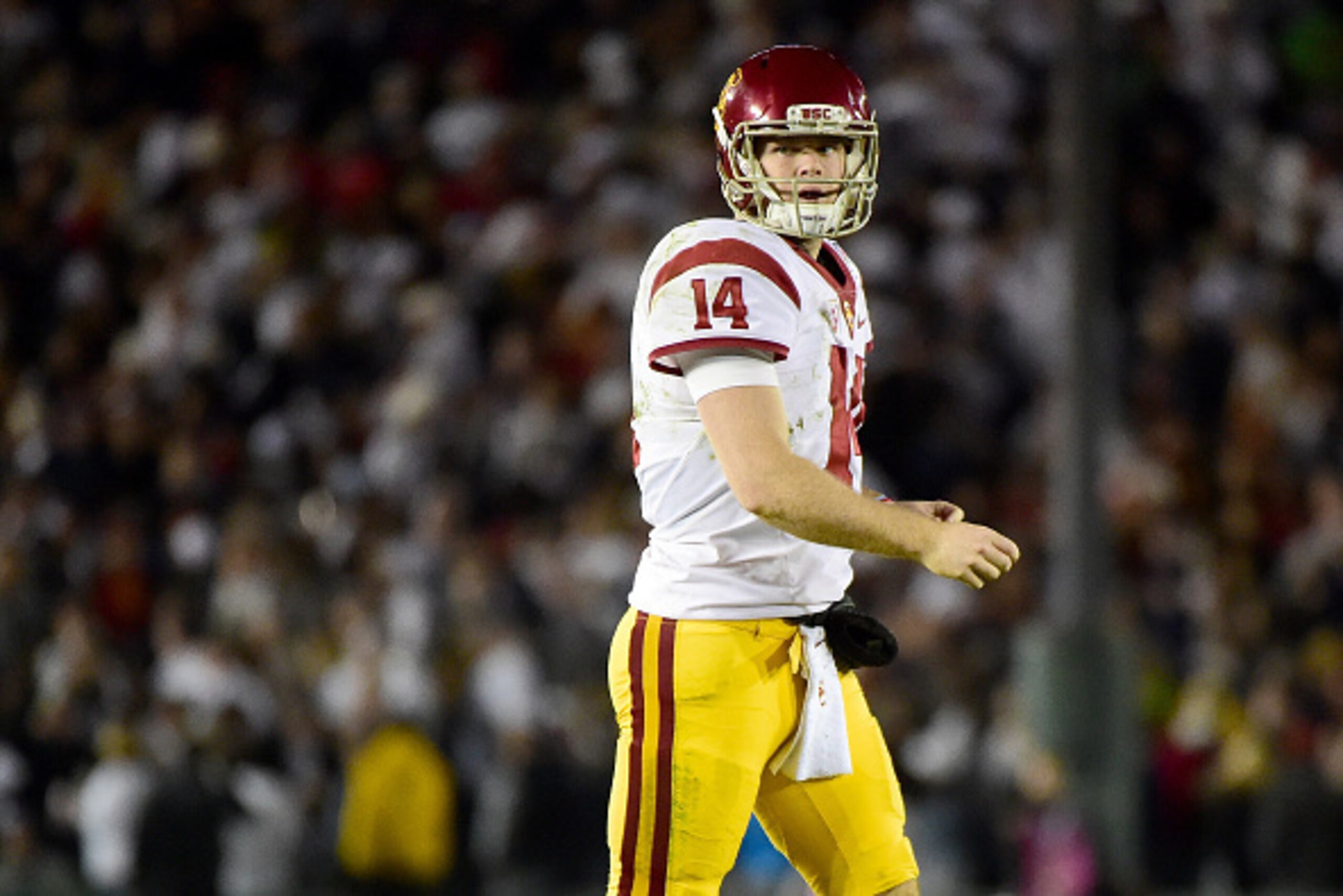 PASADENA, CA - JANUARY 02: Quarterback Sam Darnold #14 of the USC Trojans reacts after a fumble in the fourth quarter against the Penn State Nittany Lions during the 2017 Rose Bowl Game presented by Northwestern Mutual at the Rose Bowl on January 2, 2017 PASADENA, CA - JANUARY 02: Quarterback Sam Darnold #14 of the USC Trojans reacts after a fumble in the fourth quarter against the Penn State Nittany Lions during the 2017 Rose Bowl Game presented by Northwestern Mutual at the Rose Bowl on January 2, 2017