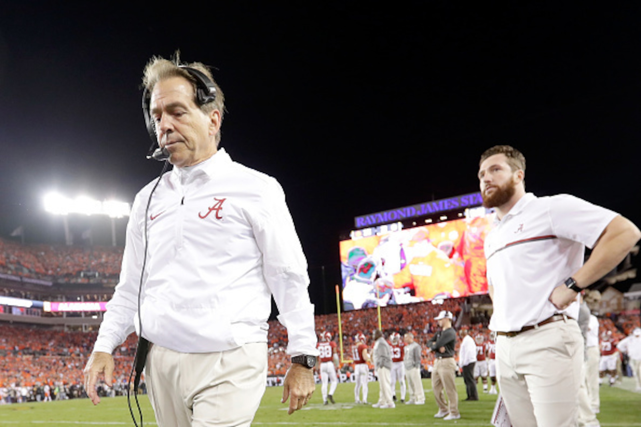TAMPA, FL - JANUARY 09: Head coach Nick Saban of the Alabama Crimson Tide reacts after the Clemson Tigers defeated the Alabama Crimson Tide 35-31 in the 2017 College Football Playoff National Championship Game at Raymond James Stadium on January 9, 2017 TAMPA, FL - JANUARY 09: Head coach Nick Saban of the Alabama Crimson Tide reacts after the Clemson Tigers defeated the Alabama Crimson Tide 35-31 in the 2017 College Football Playoff National Championship Game at Raymond James Stadium on January 9, 2017