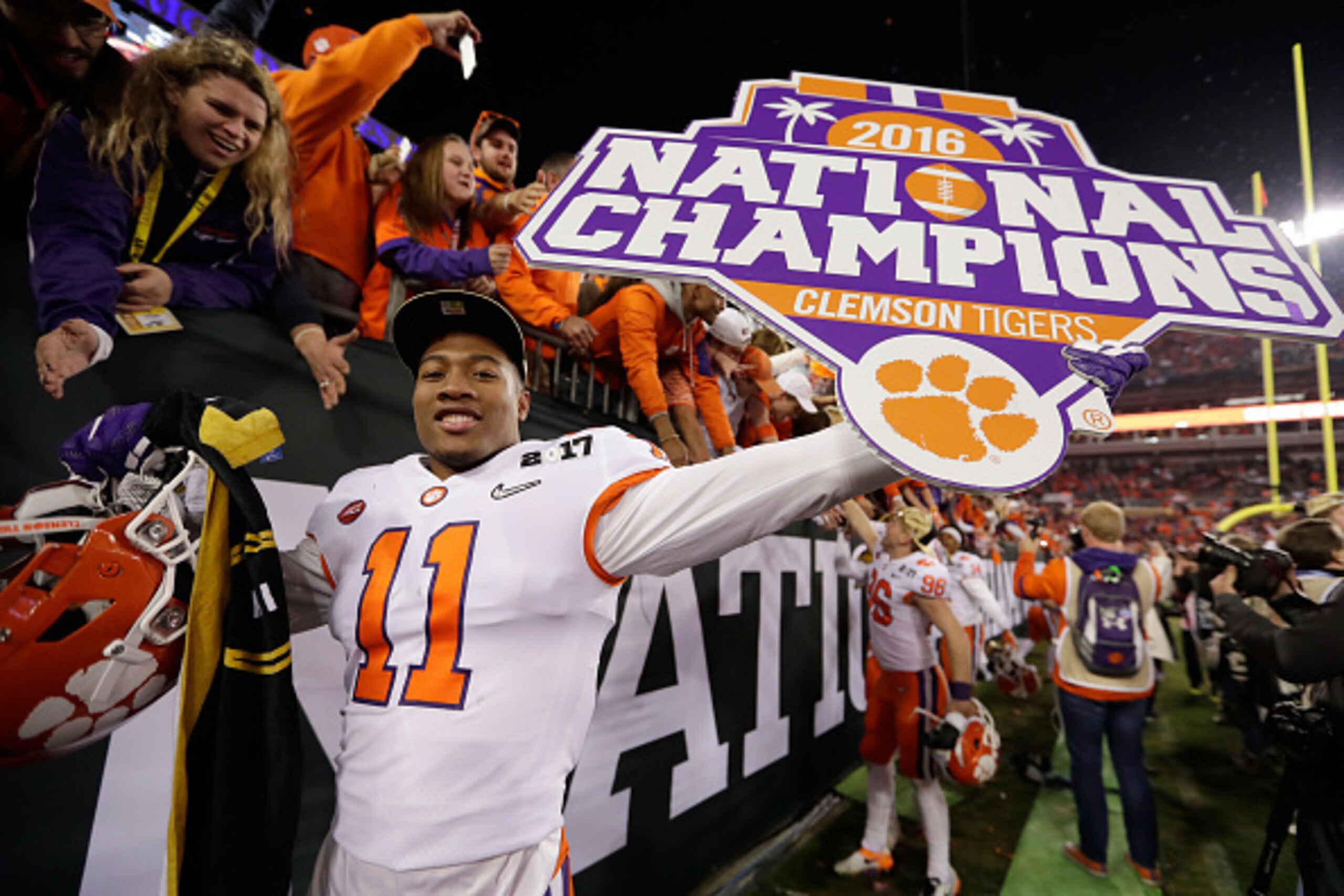 TAMPA, FL - JANUARY 09: Safety Isaiah Simmons #11 of the Clemson Tigers celebrates after defeating the Alabama Crimson Tide 35-31 to win the 2017 College Football Playoff National Championship Game at Raymond James Stadium on January 9, 2017 in Tampa, Fl TAMPA, FL - JANUARY 09: Safety Isaiah Simmons #11 of the Clemson Tigers celebrates after defeating the Alabama Crimson Tide 35-31 to win the 2017 College Football Playoff National Championship Game at Raymond James Stadium on January 9, 2017 in Tampa, Fl