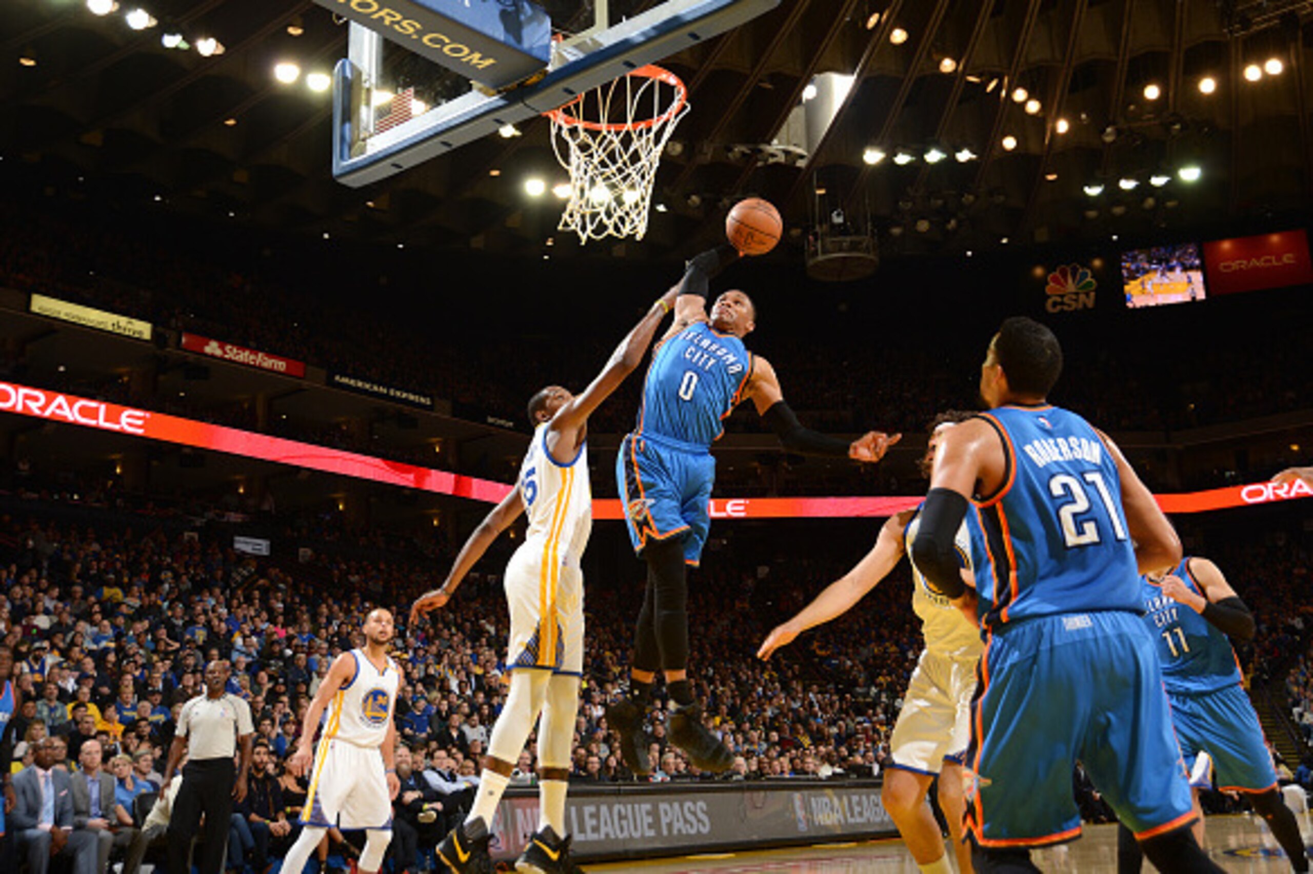 OAKLAND, CA - JANUARY 18: Russell Westbrook #0 of the Oklahoma City Thunder goes for the dunk during the game against the Golden State Warriors on January 18, 2017 at ORACLE Arena in Oakland, California. NOTE TO USER: User expressly acknowledges and agree OAKLAND, CA - JANUARY 18: Russell Westbrook #0 of the Oklahoma City Thunder goes for the dunk during the game against the Golden State Warriors on January 18, 2017 at ORACLE Arena in Oakland, California. NOTE TO USER: User expressly acknowledges and agree