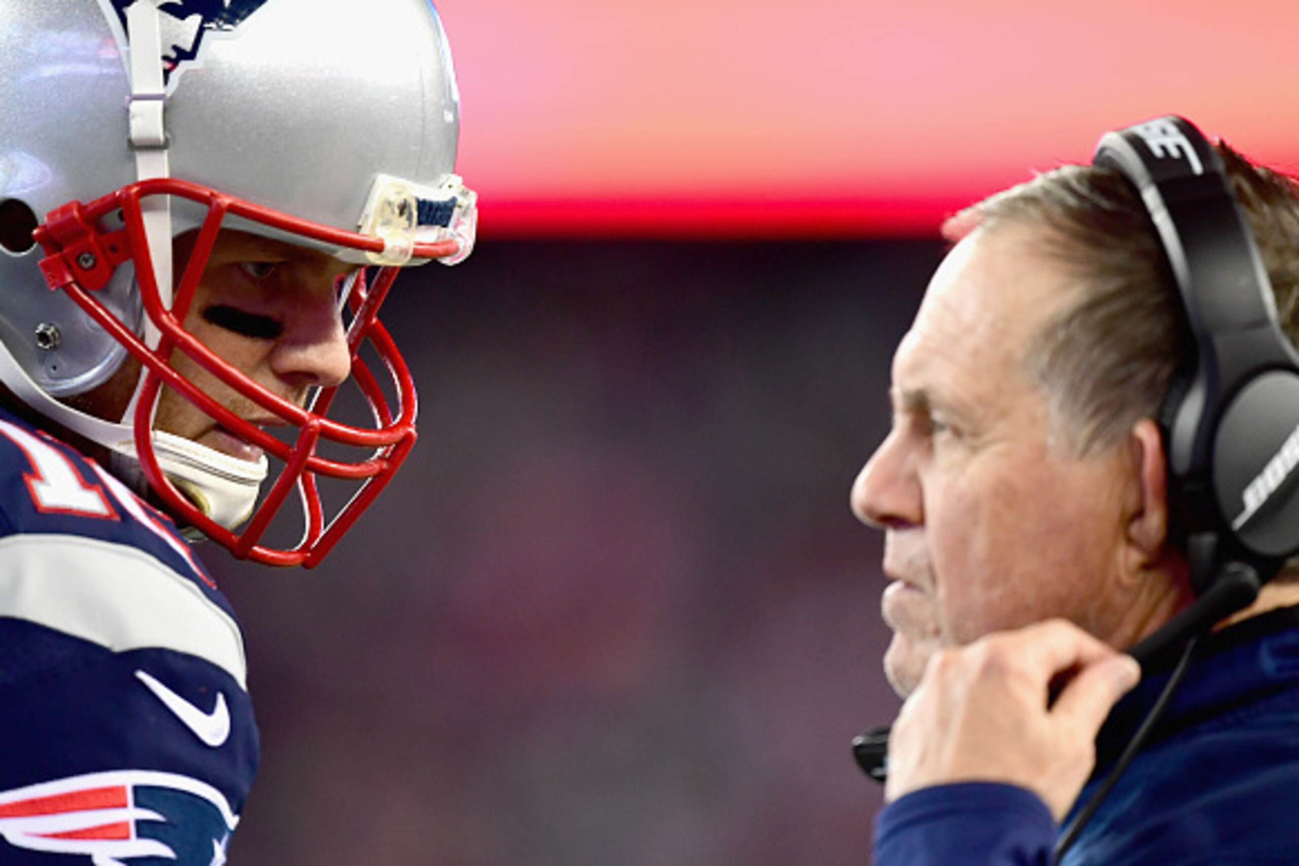 FOXBORO, MA - NOVEMBER 13:  Tom Brady #12 of the New England Patriots reacts with head coach Bill Belichick during the fourth quarter of a game against the Seattle Seahawks at Gillette Stadium on November 13, 2016 in Foxboro, Massachusetts.  (Photo by Bil