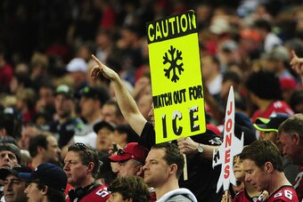 ATLANTA, GA - JANUARY 14:  Atlanta Falcons fans react against the Seattle Seahawks at the Georgia Dome on January 14, 2017 in Atlanta, Georgia.  (Photo by Scott Cunningham/Getty Images)