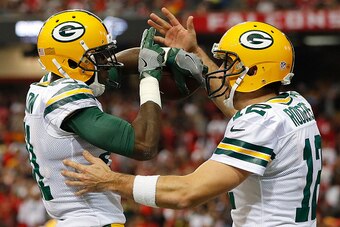 ATLANTA, GA - OCTOBER 30:  Geronimo Allison #81 of the Green Bay Packers celebrates his touchdown reception from Aaron Rodgers #12 against the Atlanta Falcons at Georgia Dome on October 30, 2016 in Atlanta, Georgia.  (Photo by Kevin C. Cox/Getty Images)
