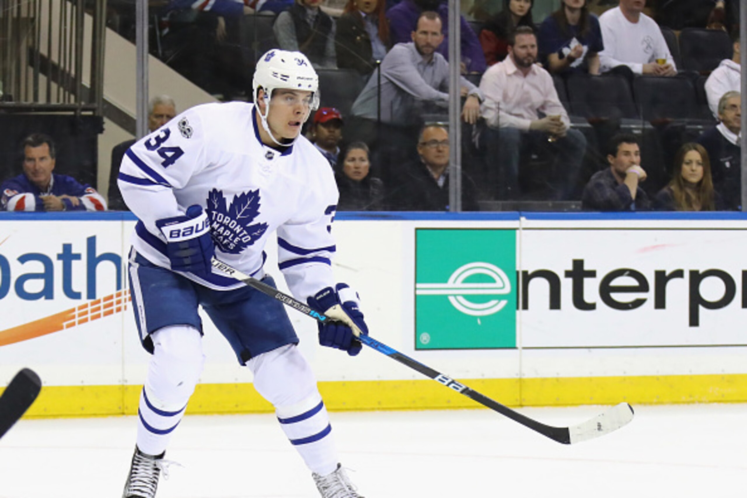 NEW YORK, NY - JANUARY 13:  Auston Matthews #34 of the Toronto Maple Leafs skates against the New York Rangers at Madison Square Garden on January 13, 2017 in New York City. The Maple Leafs defeated the Rangers 4-2.  (Photo by Bruce Bennett/Getty Images)