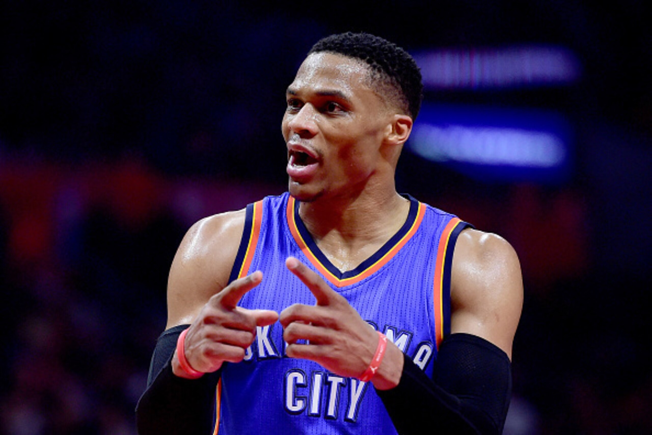 LOS ANGELES, CA - JANUARY 16:  Russell Westbrook #0 of the Oklahoma City Thunder reacts after his foul during a 120-98 loss to the LA Clippers at Staples Center on January 16, 2017 in Los Angeles, California.  NOTE TO USER: User expressly acknowledges and