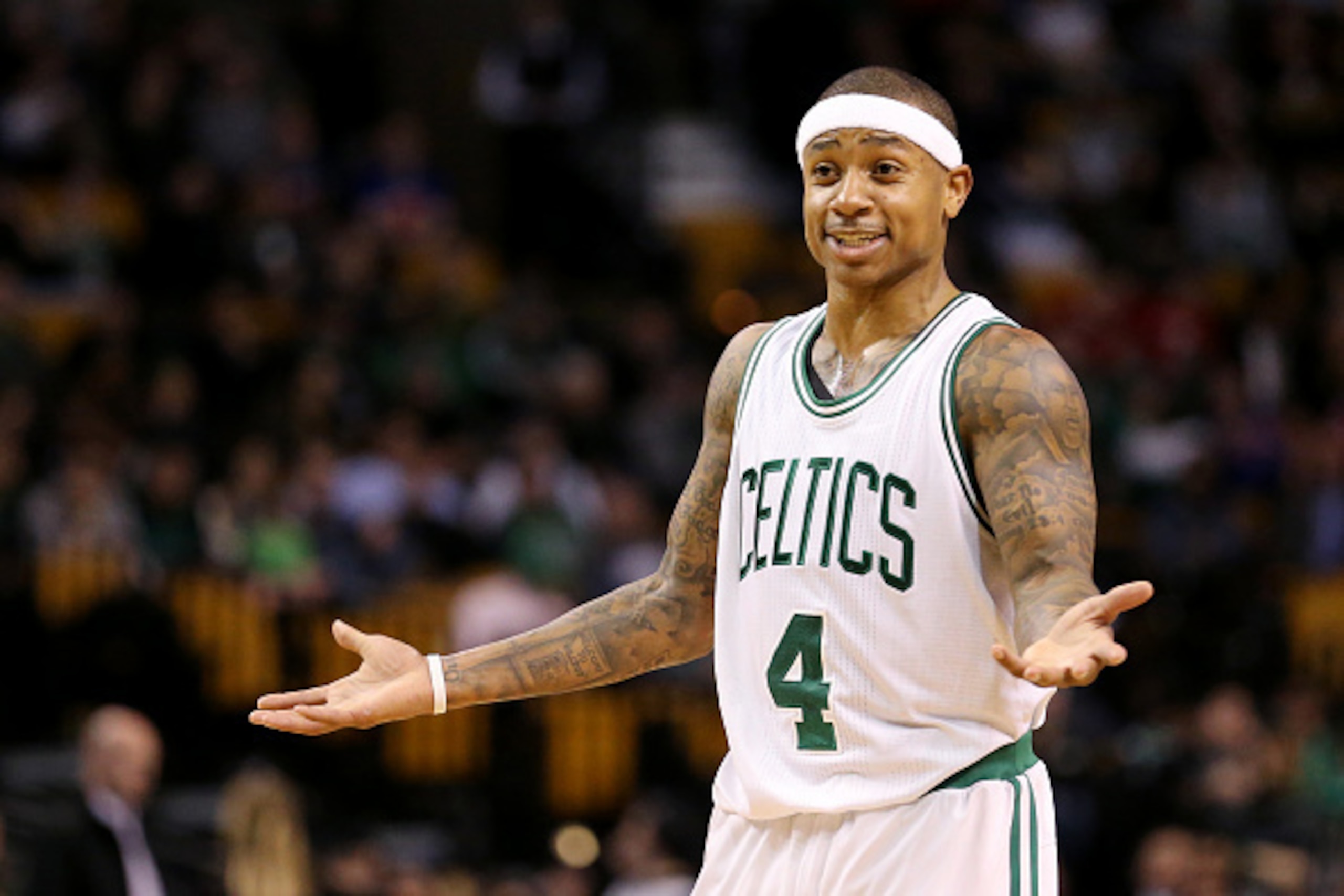 BOSTON, MA - JANUARY 18: Isaiah Thomas #4 of the Boston Celtics reacts during the fourth quarter against the New York Knicks during the second half at TD Garden on January 18, 2017 in Boston, Massachusetts. The Knicks defeat the Celtics 117-106. NOTE TO U