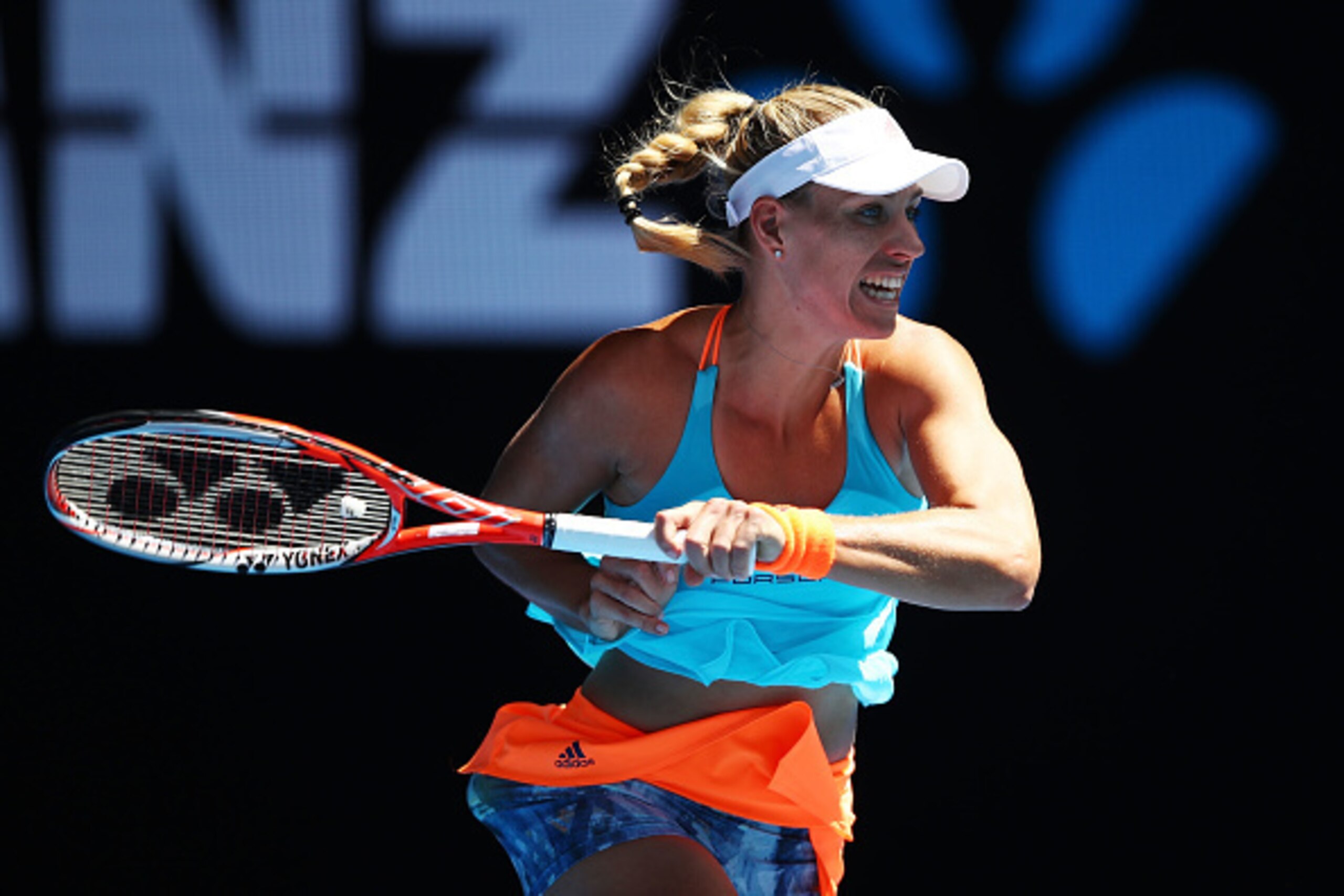 MELBOURNE, AUSTRALIA - JANUARY 20:  Angelique Kerber of Germany plays a forehand in her third round match against Kristyna Pliskova of the Czech Republic on day five of the 2017 Australian Open at Melbourne Park on January 20, 2017 in Melbourne, Australia