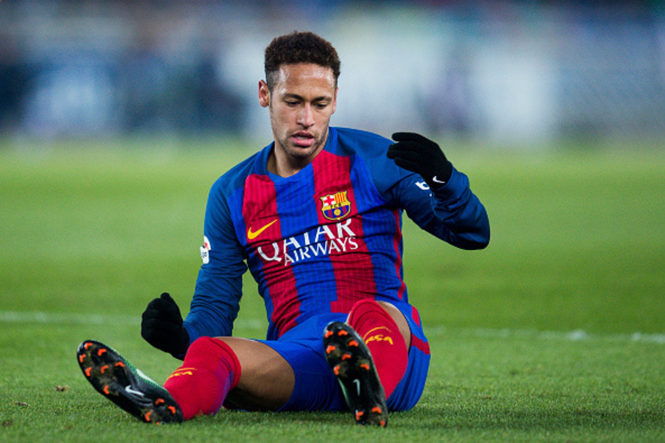 SAN SEBASTIAN, SPAIN - JANUARY 19:  Neymar Jr. of FC Barcelona reacts during the Copa del Rey Quarter Final, First Leg match between Real Sociedad de Futbol and FC Barcelona at Estadio Anoeta on January 19, 2017 in San Sebastian, Spain.  (Photo by Juan Ma