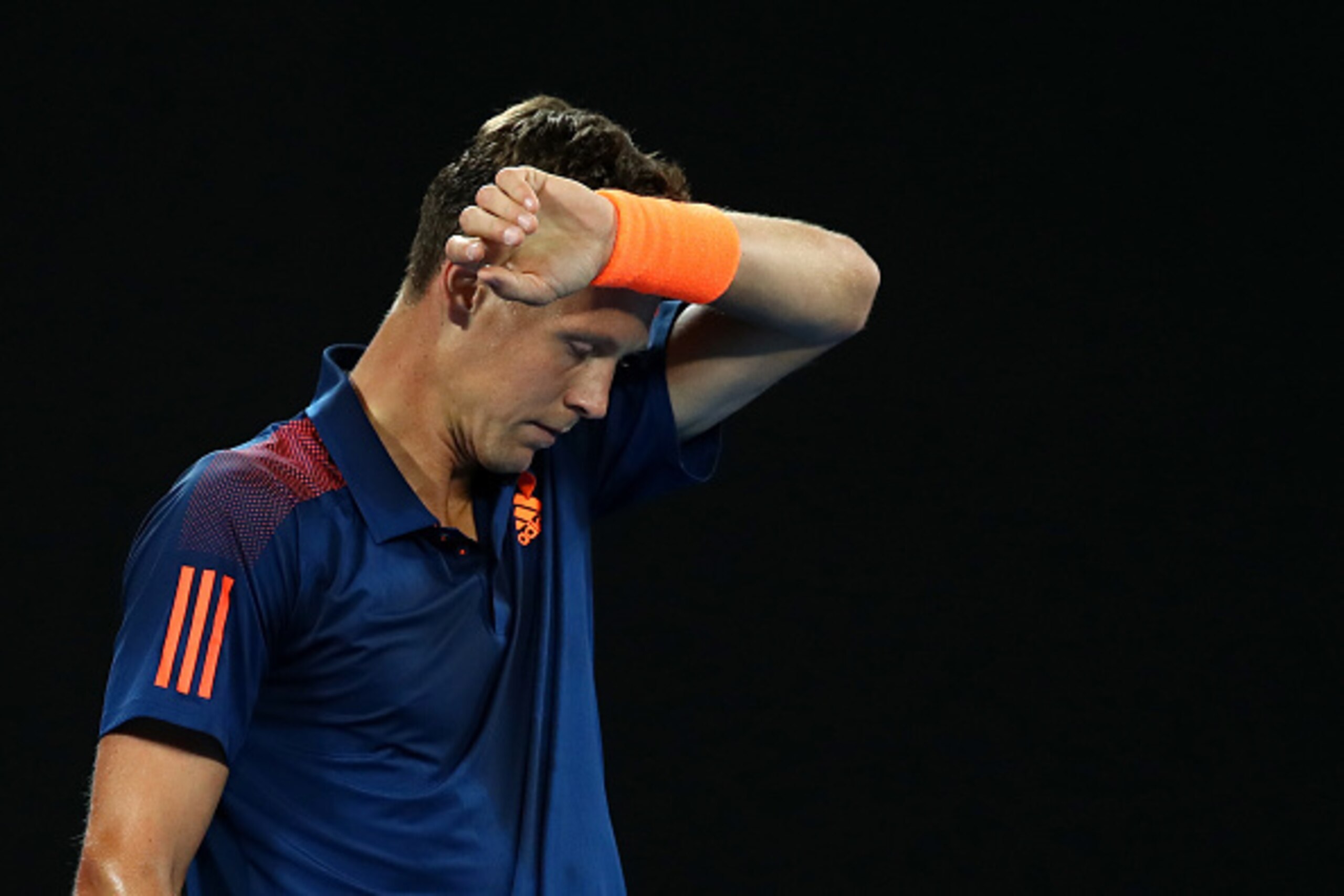 MELBOURNE, AUSTRALIA - JANUARY 20:  Thomas Berdych of the Czech Republic looks on in his third round match against Roger Federer of Switzerland on day five of the 2017 Australian Open at Melbourne Park on January 20, 2017 in Melbourne, Australia.  (Photo 