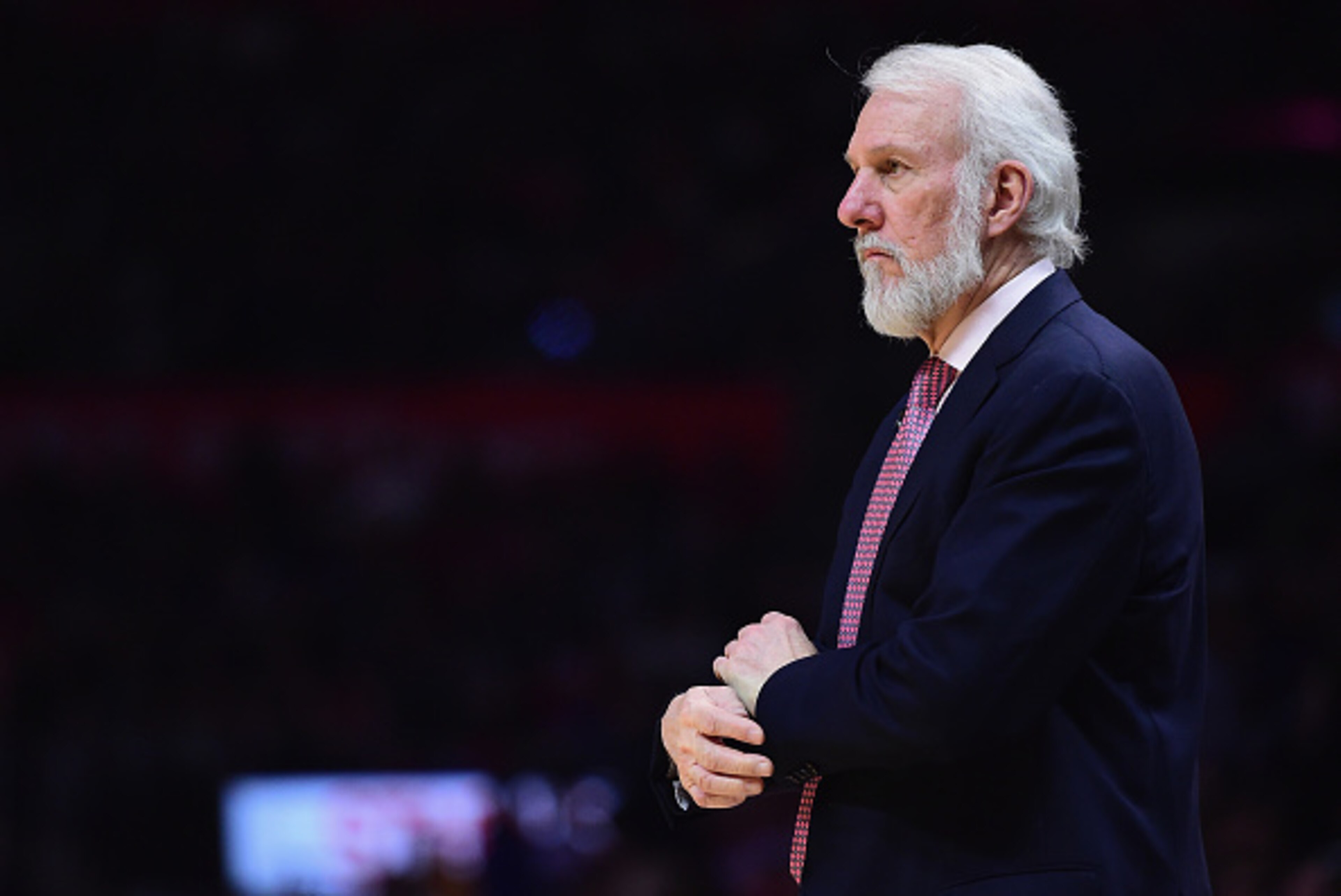 LOS ANGELES, CA - DECEMBER 22: Gregg Popovich of the San Antonio Spurs looks on during the game against the LA Clippers at Staples Center on December 22, 2016 in Los Angeles, California. NOTE TO USER: User expressly acknowledges and agrees that, by down LOS ANGELES, CA - DECEMBER 22: Gregg Popovich of the San Antonio Spurs looks on during the game against the LA Clippers at Staples Center on December 22, 2016 in Los Angeles, California. NOTE TO USER: User expressly acknowledges and agrees that, by down