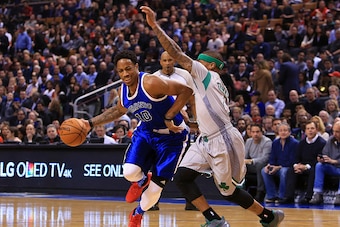 TORONTO, ON - JANUARY 10:  DeMar DeRozan #10 of the Toronto Raptors dribbles the ball as Isaiah Thomas #4 of the Boston Celtics defends during the first half of an NBA game at Air Canada Centre on January 10, 2017 in Toronto, Canada.  NOTE TO USER: User e