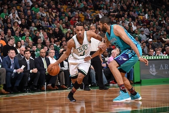 BOSTON, MA - JANUARY 16:  Avery Bradley #0 of the Boston Celtics drives to the basket against the Charlotte Hornets on January 16, 2017 at the TD Garden in Boston, Massachusetts.  NOTE TO USER: User expressly acknowledges and agrees that, by downloading a