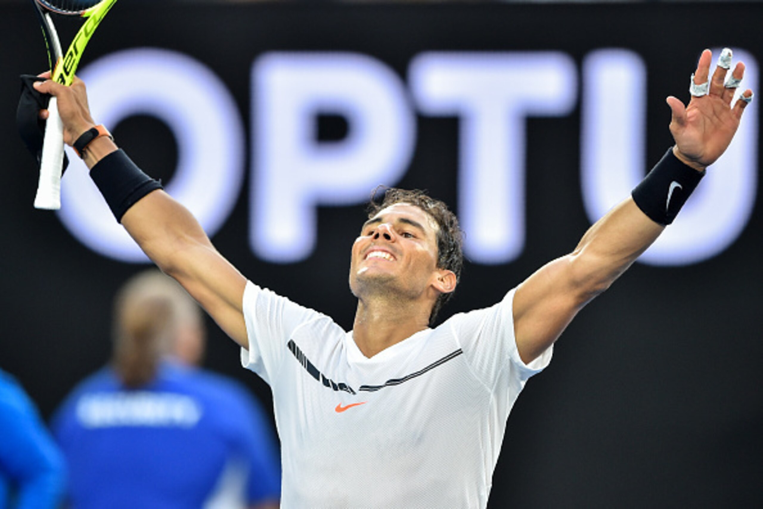 Spain's Rafael Nadal celebrates after victory against Germany's Alexander Zverev during their men's singles third round match on day six of the Australian Open tennis tournament in Melbourne on January 21, 2017. / AFP / PETER PARKS / IMAGE RESTRICTED TO E