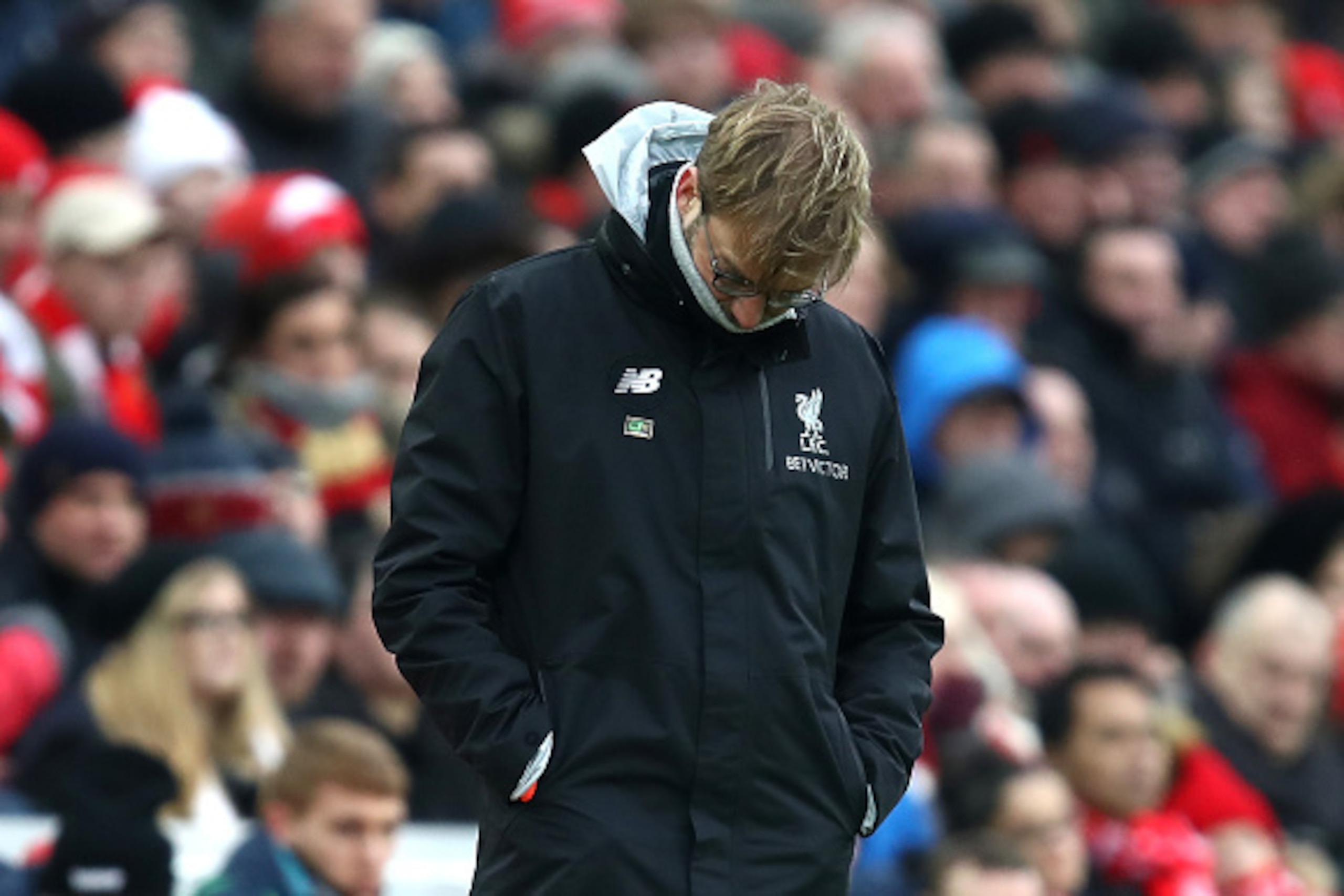 LIVERPOOL, ENGLAND - JANUARY 21: Jurgen Klopp, Manager of Liverpool looks dejected during the Premier League match between Liverpool and Swansea City at Anfield on January 21, 2017 in Liverpool, England. (Photo by Julian Finney/Getty Images) LIVERPOOL, ENGLAND - JANUARY 21: Jurgen Klopp, Manager of Liverpool looks dejected during the Premier League match between Liverpool and Swansea City at Anfield on January 21, 2017 in Liverpool, England. (Photo by Julian Finney/Getty Images)