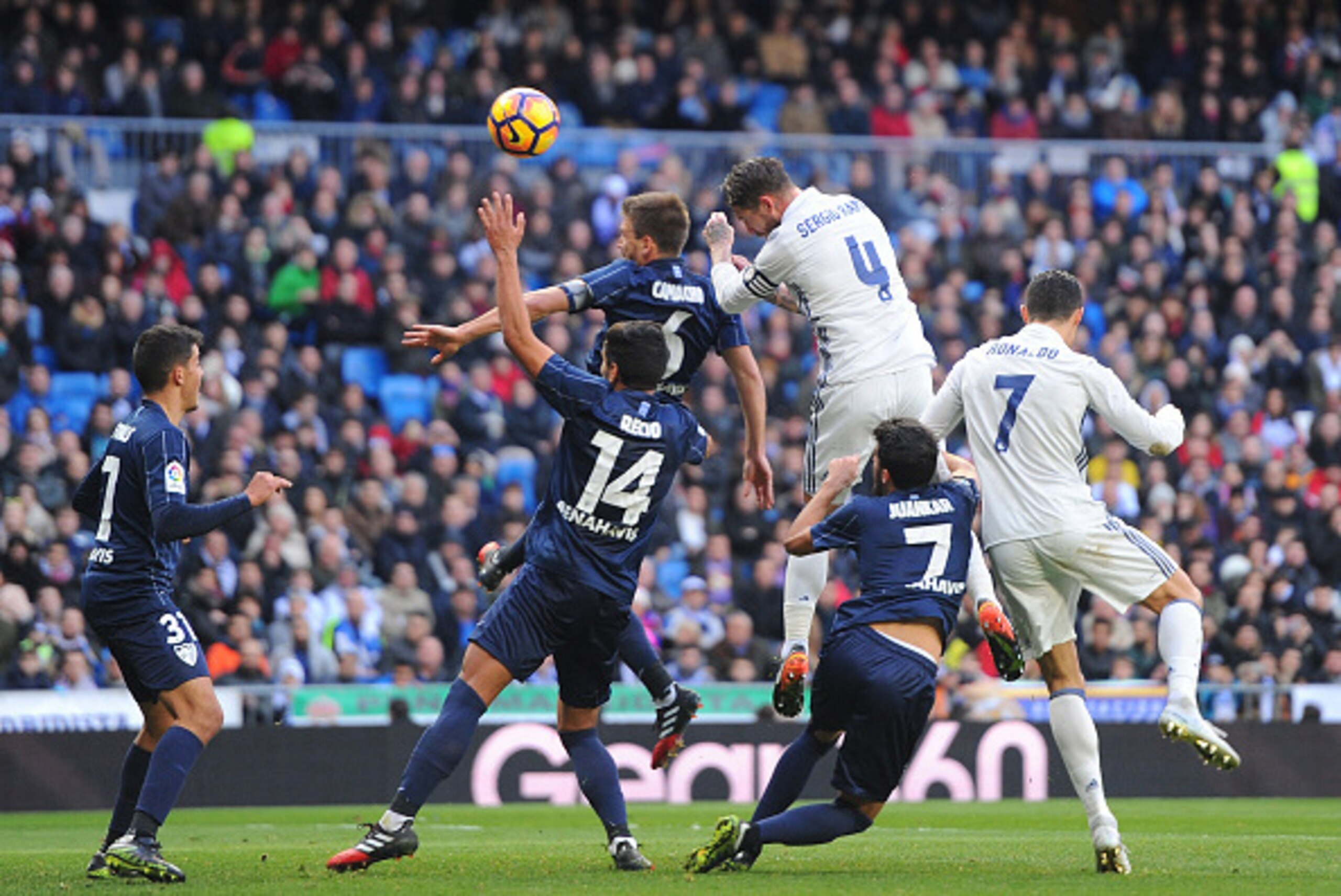MADRID, SPAIN - JANUARY 21:  Sergio Ramos of Real Madrid scores his team's 1st goal during the La Liga match between Real Madrid CF and Malaga CF at the Bernabeu on January 21, 2017 in Madrid, Spain.  (Photo by Denis Doyle/Getty Images)
