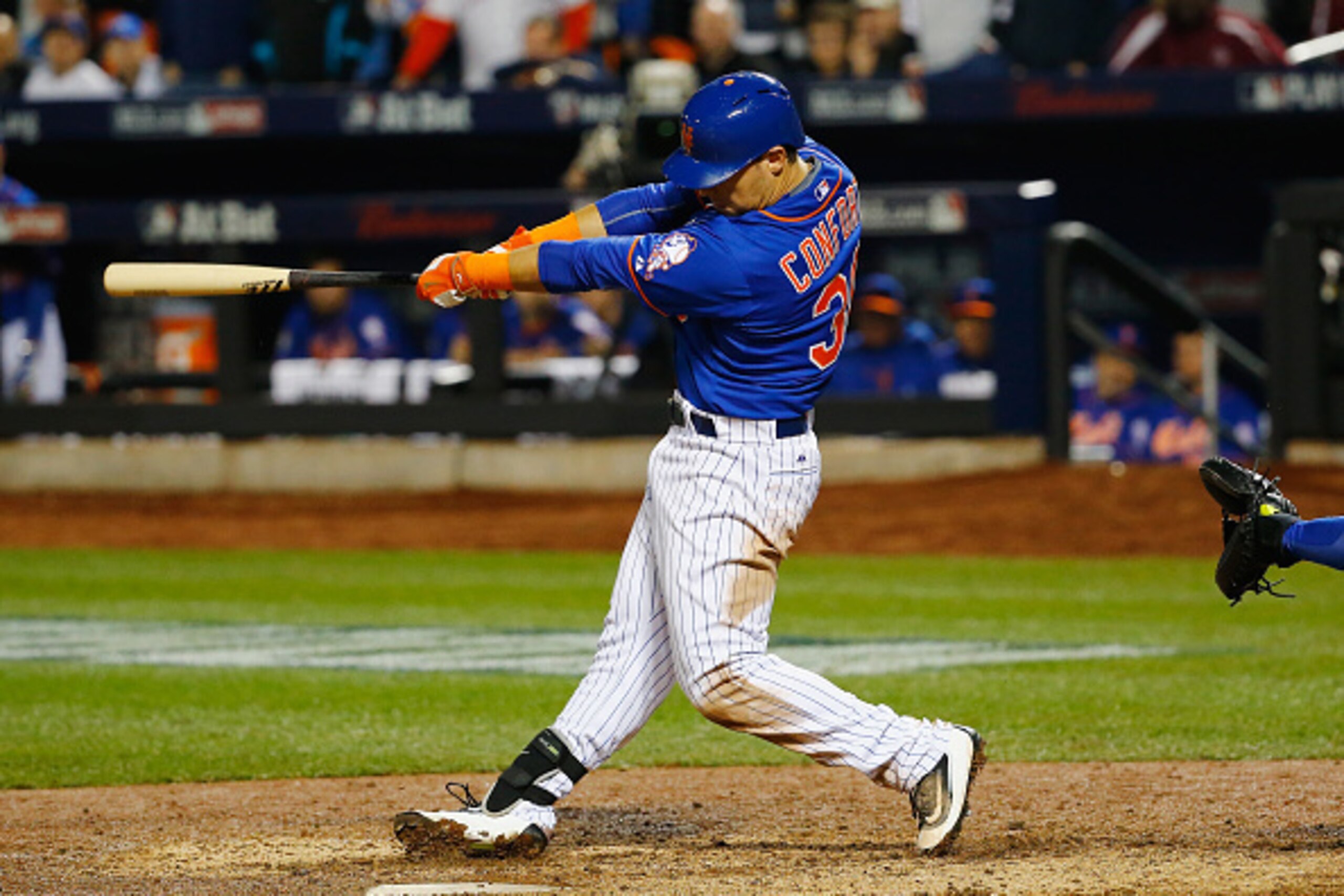 NEW YORK, NY - NOVEMBER 01:  Michael Conforto #30 of the New York Mets bats against the Kansas City Royals during Game Five of the 2015 World Series at Citi Field on November 1, 2015 in the Flushing neighborhood of the Queens borough of New York City.  (P