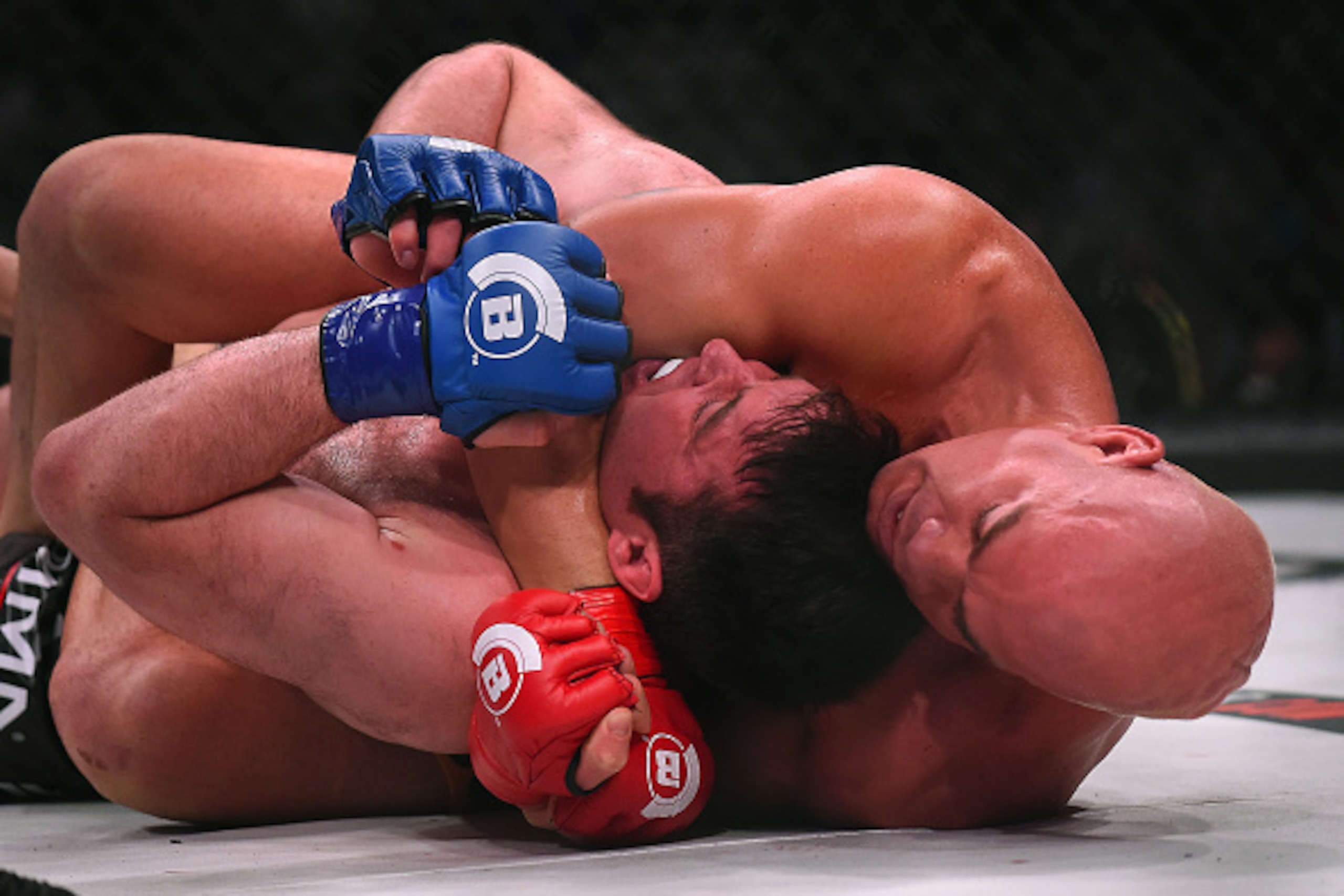 INGLEWOOD, CA - JANUARY 21: Chael Sonnen (blue gloves) taps out giving Tito Ortiz (red gloves) the victory in round one of his Bellator MMA light heavyweight fight at The Forum on January 21, 2017 in Inglewood, California. (Photo by Jayne Kamin-Oncea/Gett