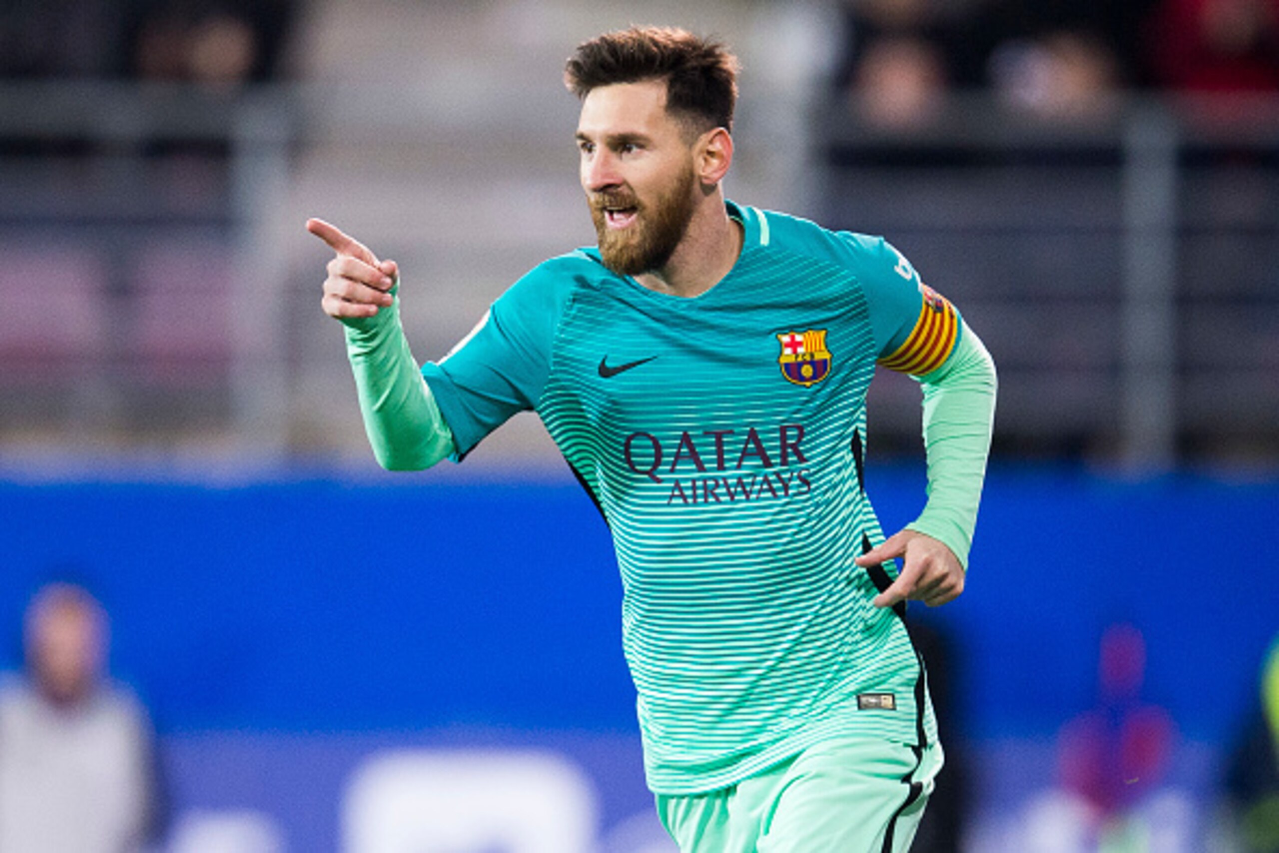 EIBAR, SPAIN - JANUARY 22:  Lionel Messi of FC Barcelona celebrates after scoring his team's second goal during the La Liga match between SD Eibar and FC Barcelona at Ipurua Municipal Stadium on  on January 22, 2017 in Eibar, Spain.  (Photo by Juan Manuel
