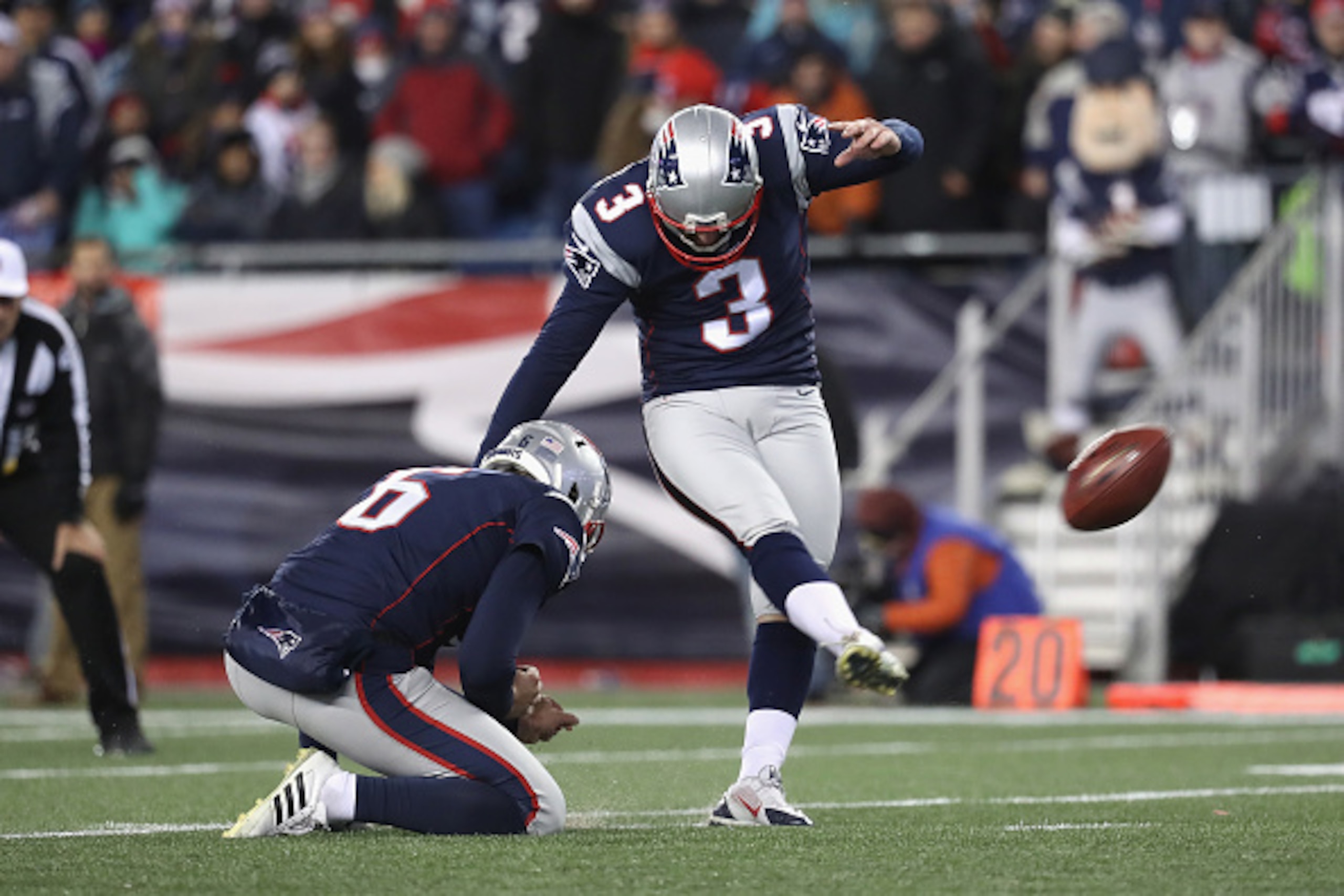 FOXBORO, MA - JANUARY 14: Stephen Gostkowski #3 of the New England Patriots kicks a field goal in the second half against the Houston Texans during the AFC Divisional Playoff Game at Gillette Stadium on January 14, 2017 in Foxboro, Massachusetts. (Photo FOXBORO, MA - JANUARY 14: Stephen Gostkowski #3 of the New England Patriots kicks a field goal in the second half against the Houston Texans during the AFC Divisional Playoff Game at Gillette Stadium on January 14, 2017 in Foxboro, Massachusetts. (Photo