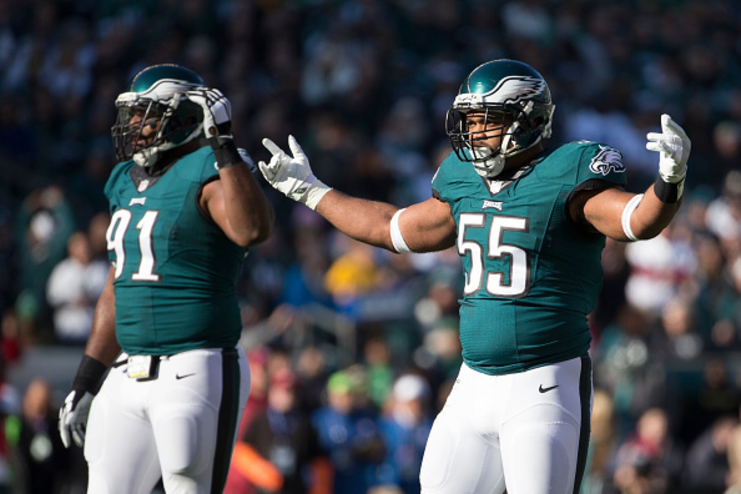 PHILADELPHIA, PA - JANUARY 1: Brandon Graham #55 and Fletcher Cox #91 of the Philadelphia Eagles play against the Dallas Cowboys at Lincoln Financial Field on January 1, 2017 in Philadelphia, Pennsylvania. The Eagles defeated the Cowboys 27-13. (Photo by 