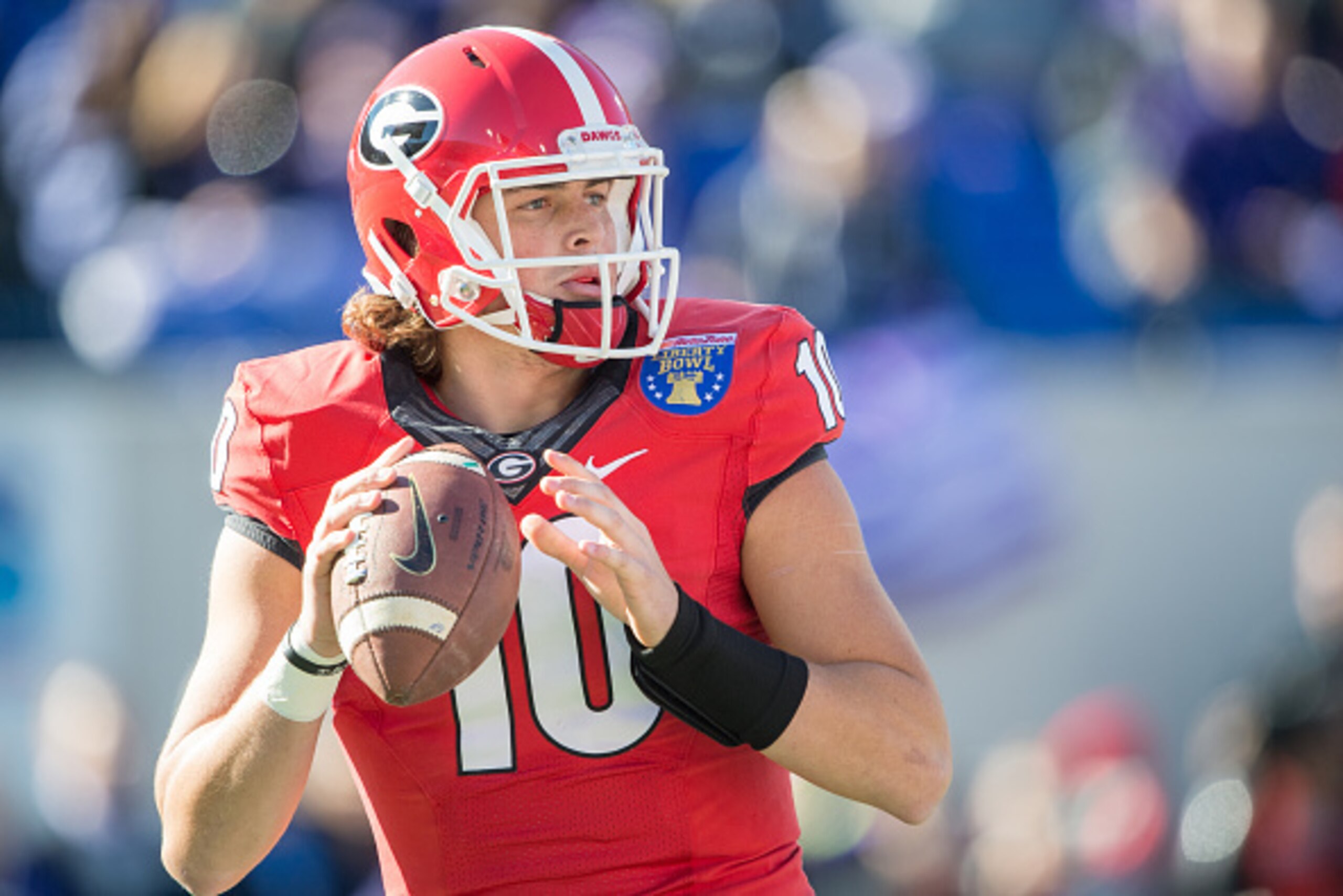 MEMPHIS, TN - DECEMBER 30: Quarterback Jacob Eason #10 of the Georgia Bulldogs during their game against the TCU Horned Frogs at Liberty Bowl Memorial Stadium on December 30, 2016 in Memphis, Tennessee. The Georgia Bulldogs defeated the TCU Horned Frogs 3